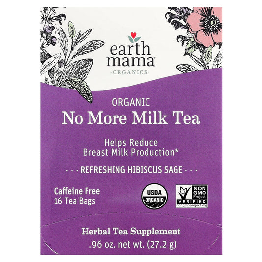 Earth Mama, Organic No More Milk Tea, Refreshing Hibiscus Sage, Caffeine Free, 16 Tea Bags, 0.96 oz (27.2 g)