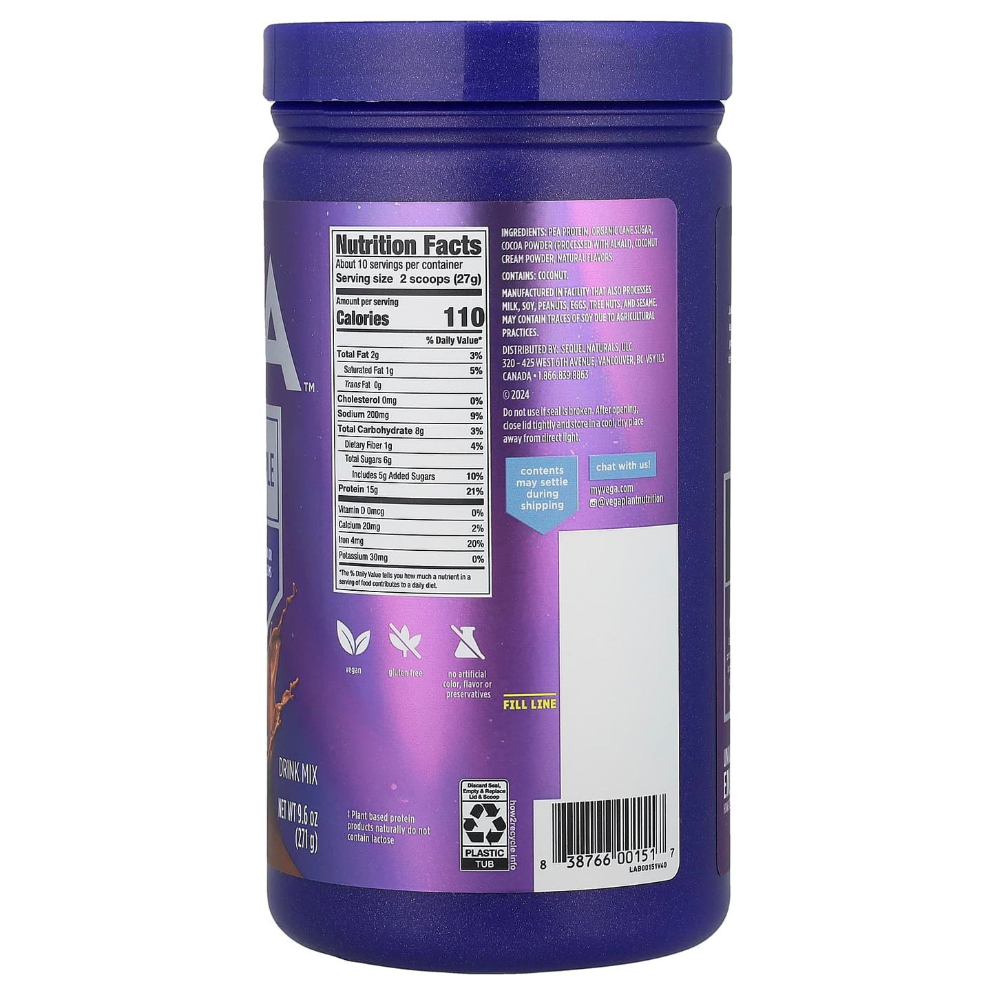 Vega, Plant-Based Protein, Essential Made Simple, Chocolate, 9.6 oz (271 g) - Image 2
