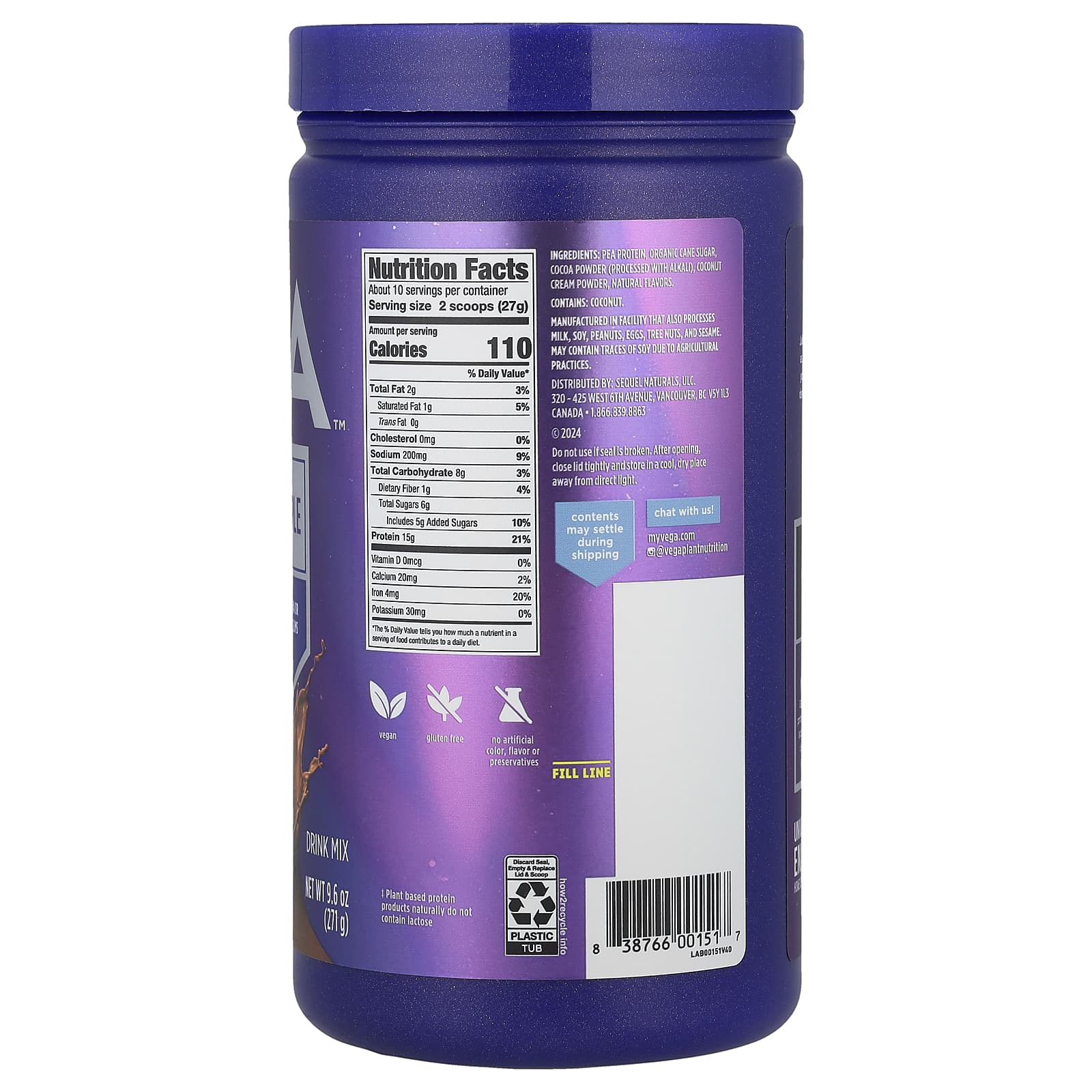 Vega, Plant-Based Protein, Essential Made Simple, Chocolate, 9.6 oz (271 g) - Image 2
