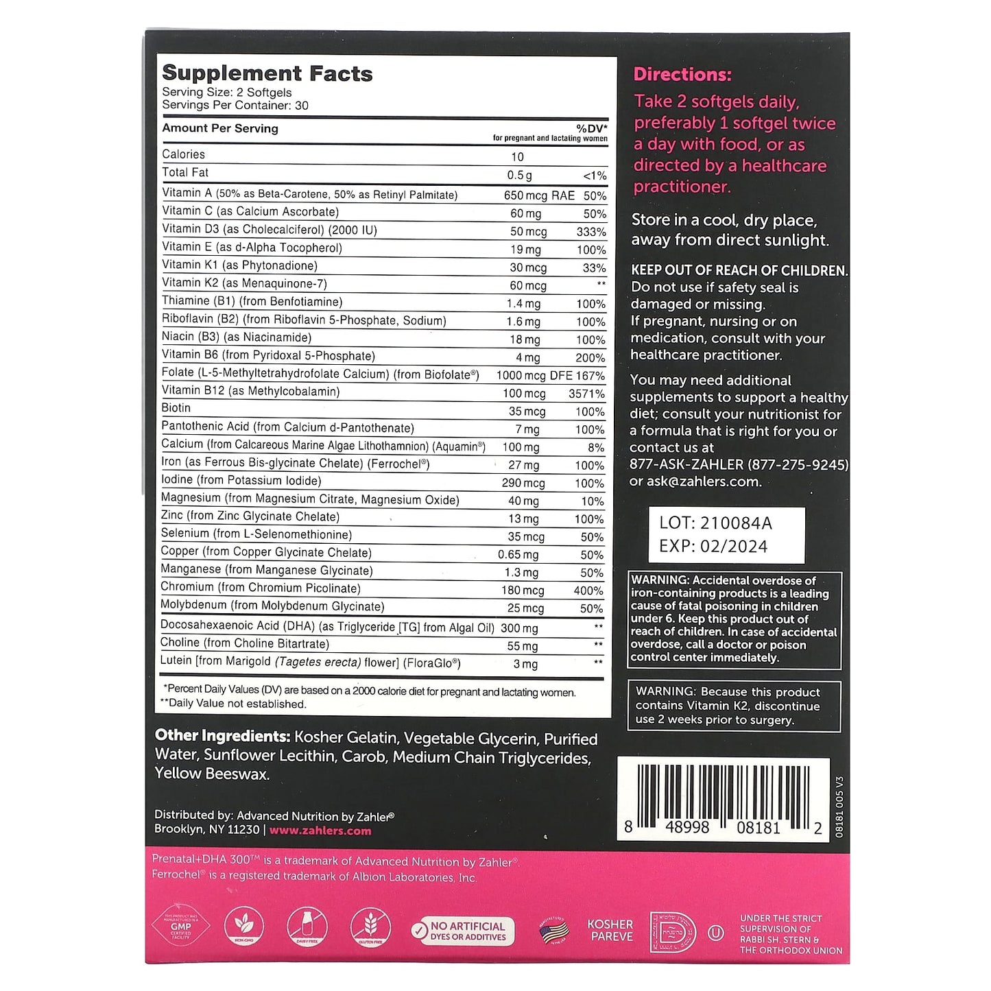 Zahler, Prenatal + DHA 300 Optimal Formula, 60 Softgels - Image 2