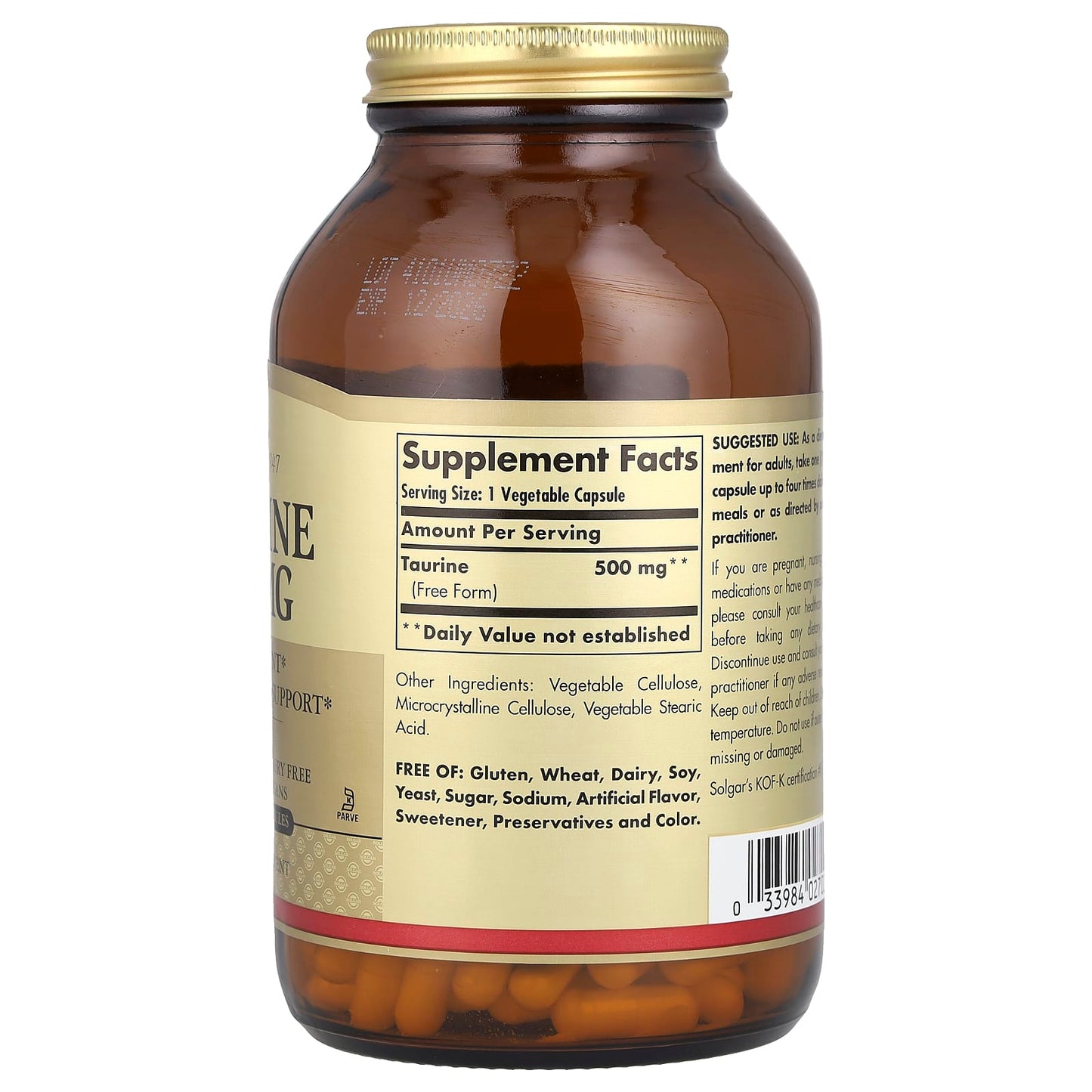 Solgar, Taurine, 500 mg, 250 Vegetable Capsules - Image 2