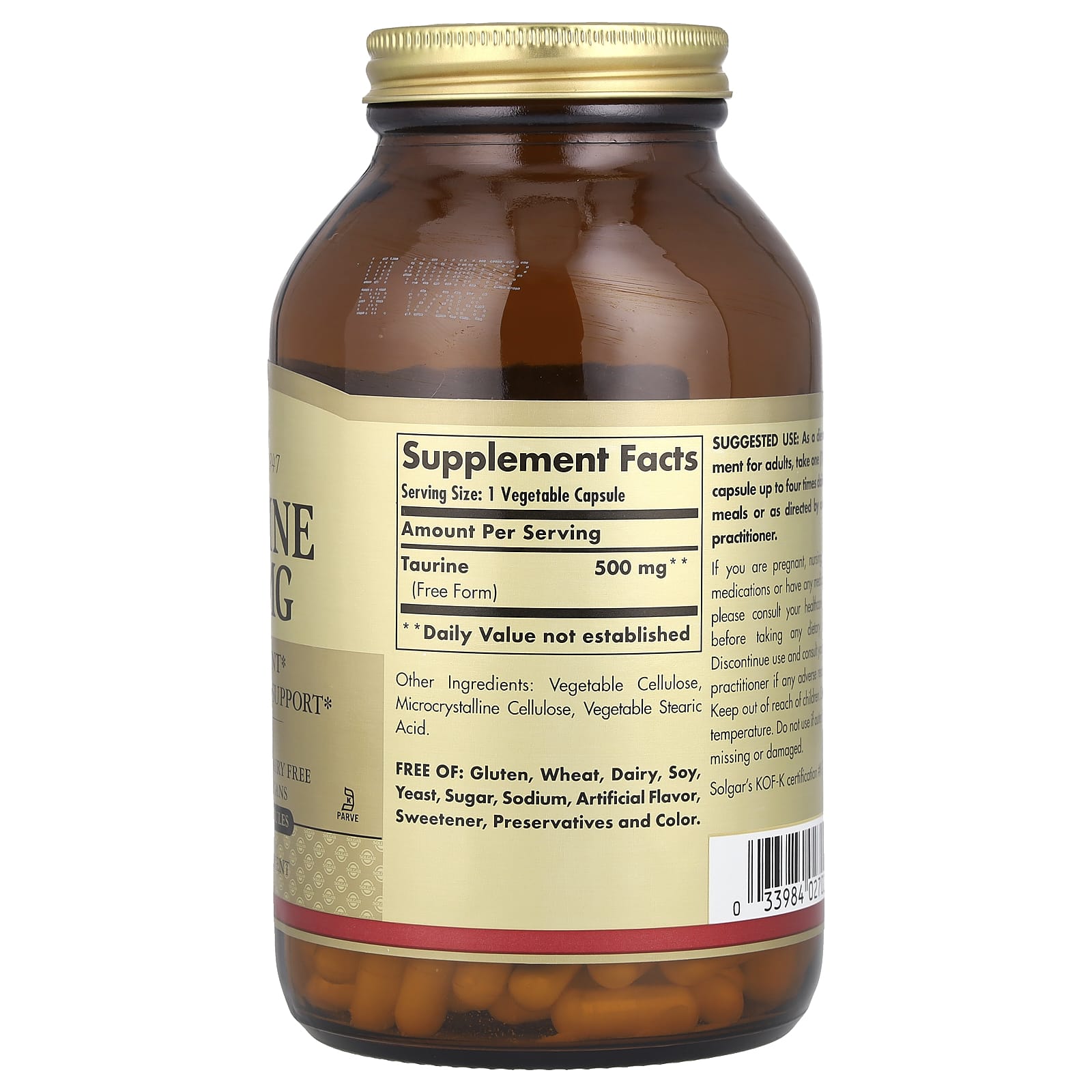Solgar, Taurine, 500 mg, 250 Vegetable Capsules - Image 2