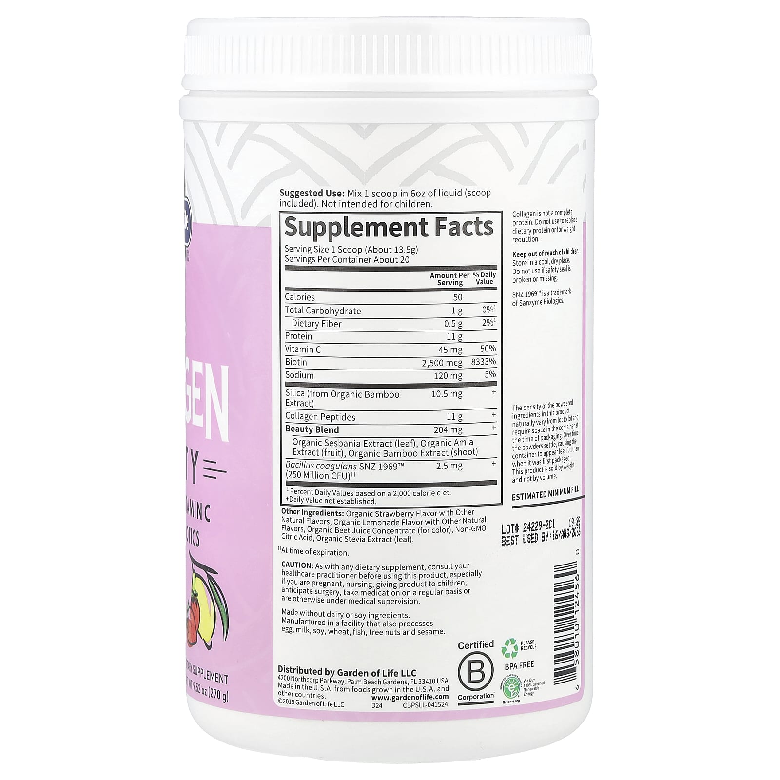 Garden of Life, Grass Fed Collagen, Beauty, Strawberry Lemonade, 9.52 oz (270 g)