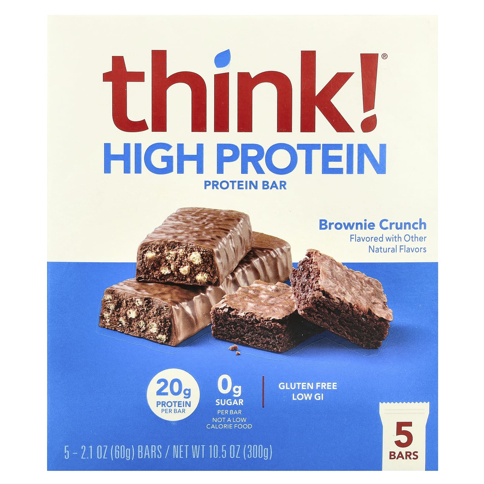 Think !, High Protein Bars, Brownie Crunch, 5 Bars, 2.1 oz (60 g) Each - Image 1