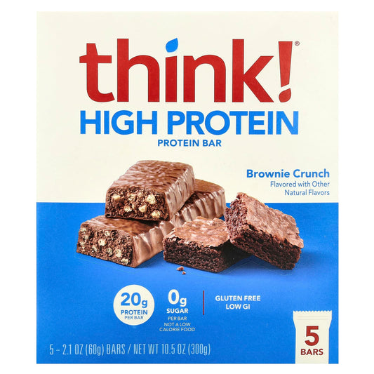 Think !, High Protein Bars, Brownie Crunch, 5 Bars, 2.1 oz (60 g) Each - Image 1