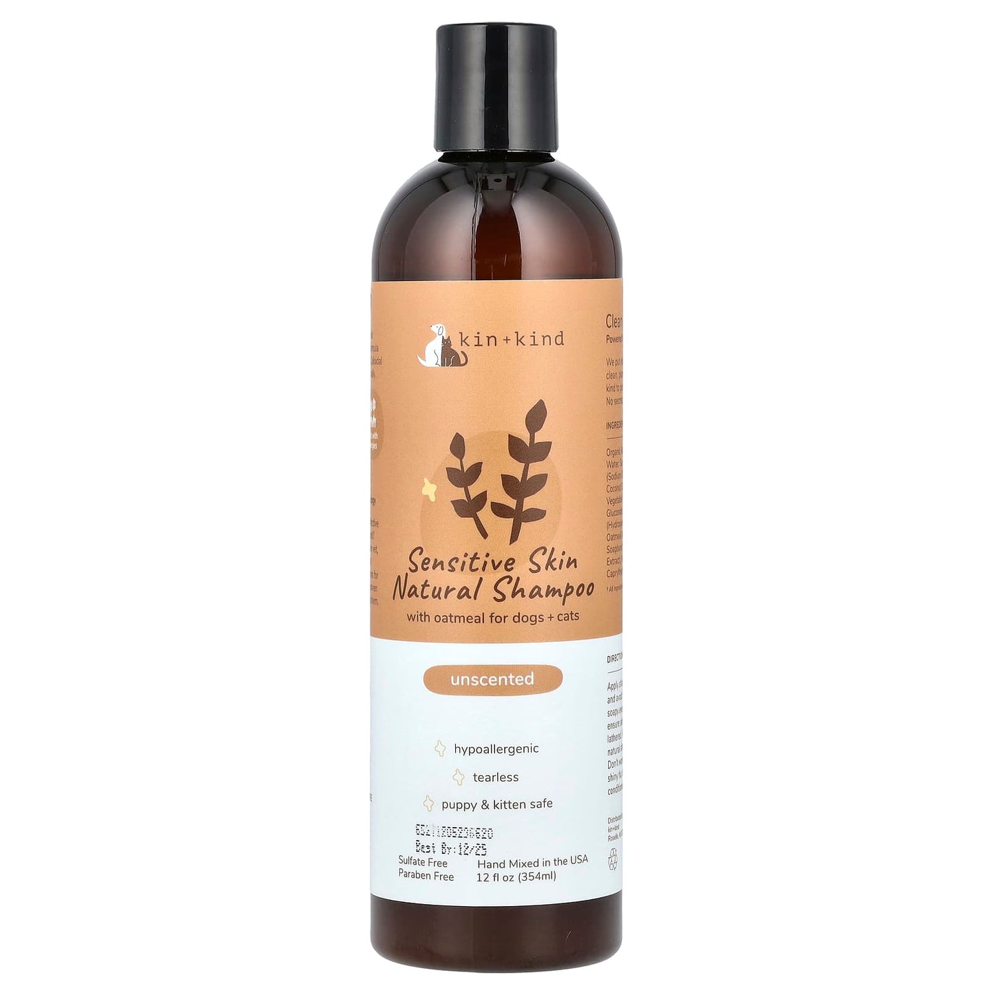 Kin+Kind, Sensitive Skin Natural Shampoo, For Dogs + Cats, Unscented , 12 fl oz (354 ml) - Image 1