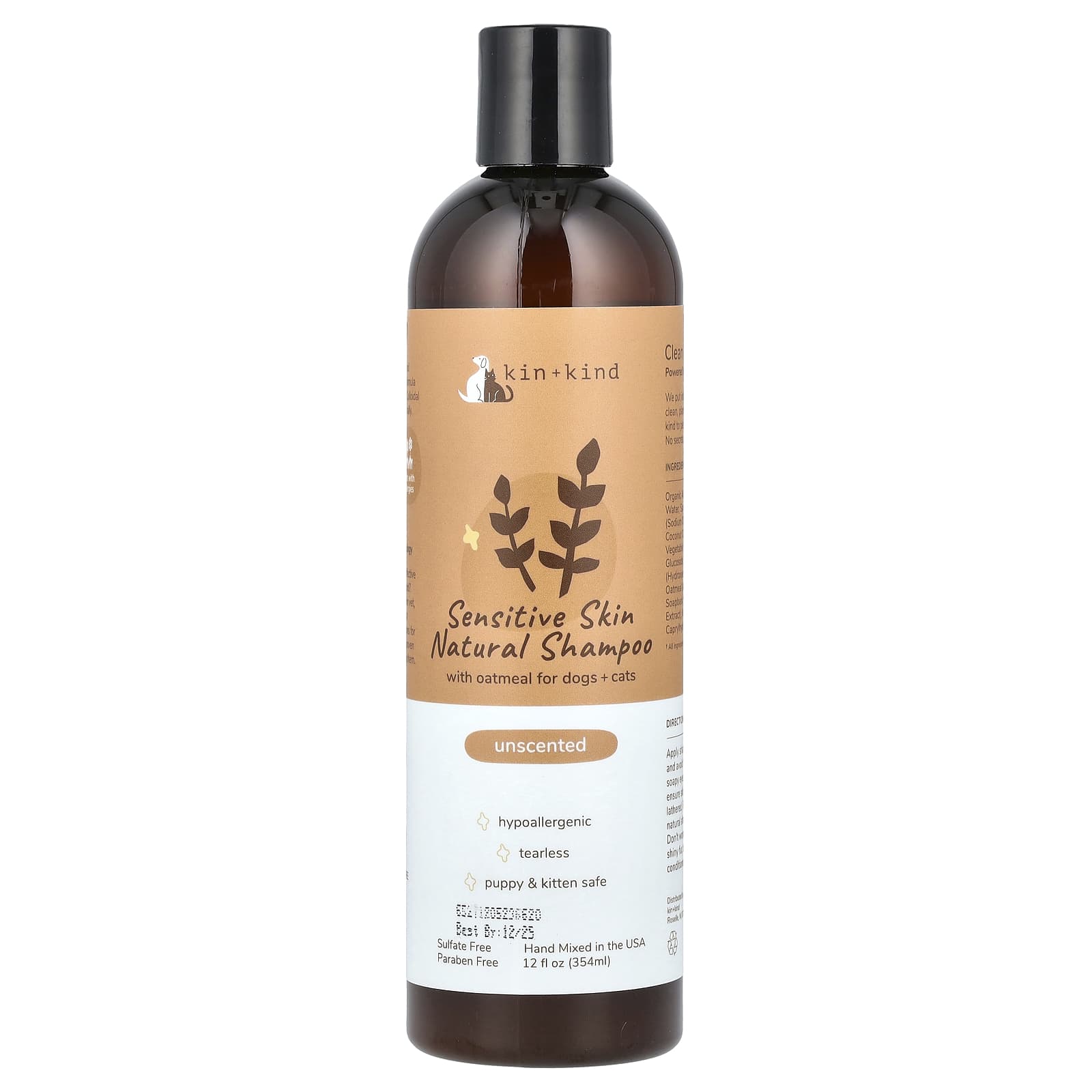 Kin+Kind, Sensitive Skin Natural Shampoo, For Dogs + Cats, Unscented , 12 fl oz (354 ml) - Image 1