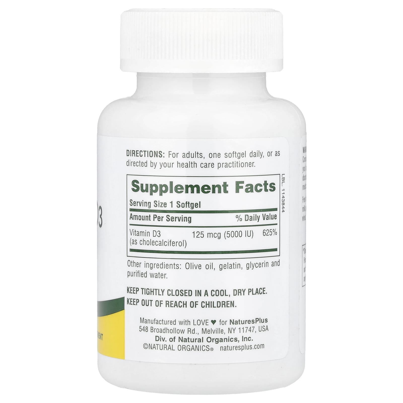 NaturesPlus, Vitamin D3, 125 mcg (5,000 IU), 60 Softgels - Image 2