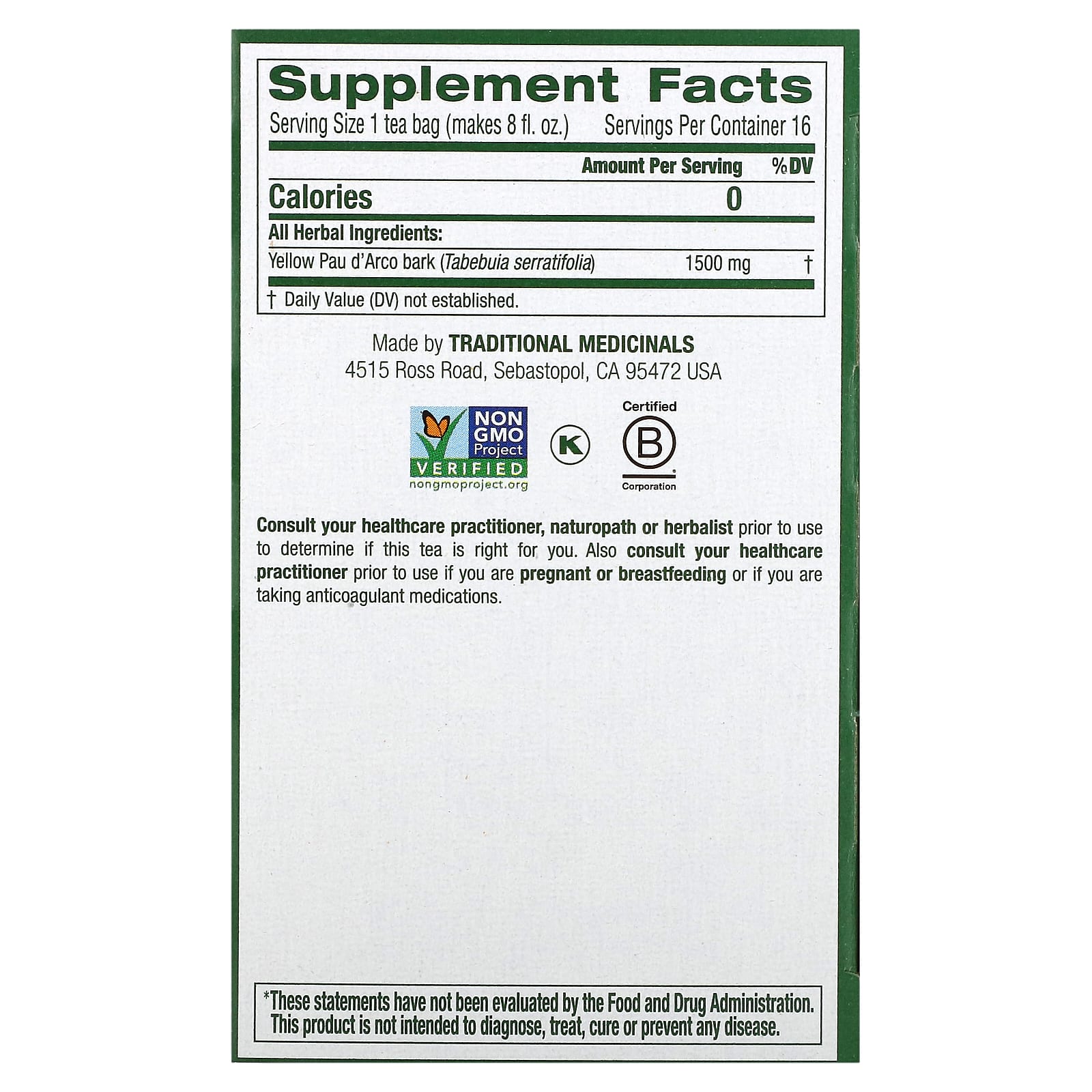 Traditional Medicinals, Yellow Pau d' Arco, Caffeine Free, 16 Wrapped Tea Bags, 0.85 oz (24 g) - Image 2