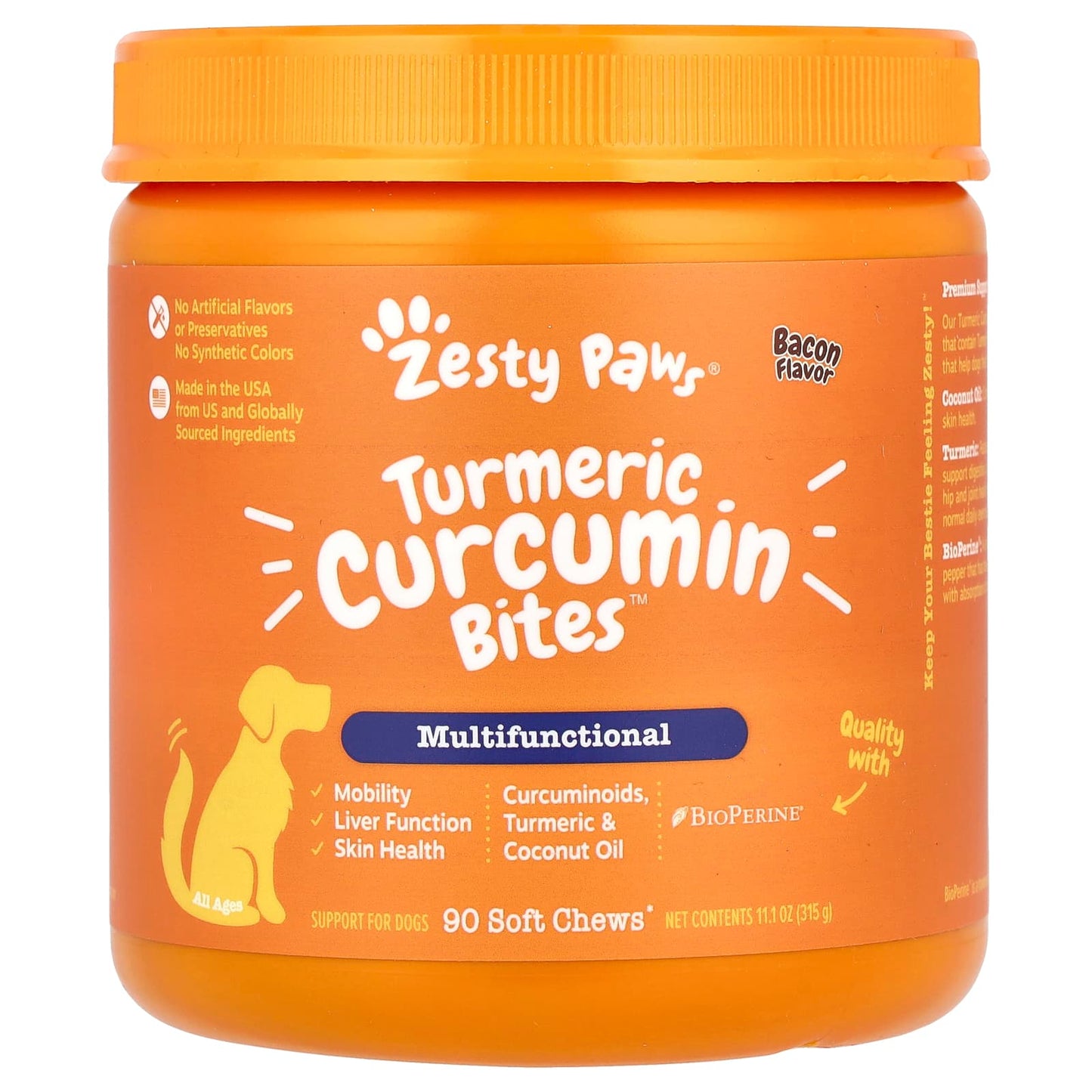 Zesty Paws, Turmeric Curcumin Bites™ for Dogs, Multifunctional, All Ages, Bacon, 90 Soft Chews, 11.1 oz (315 g) - Image 1