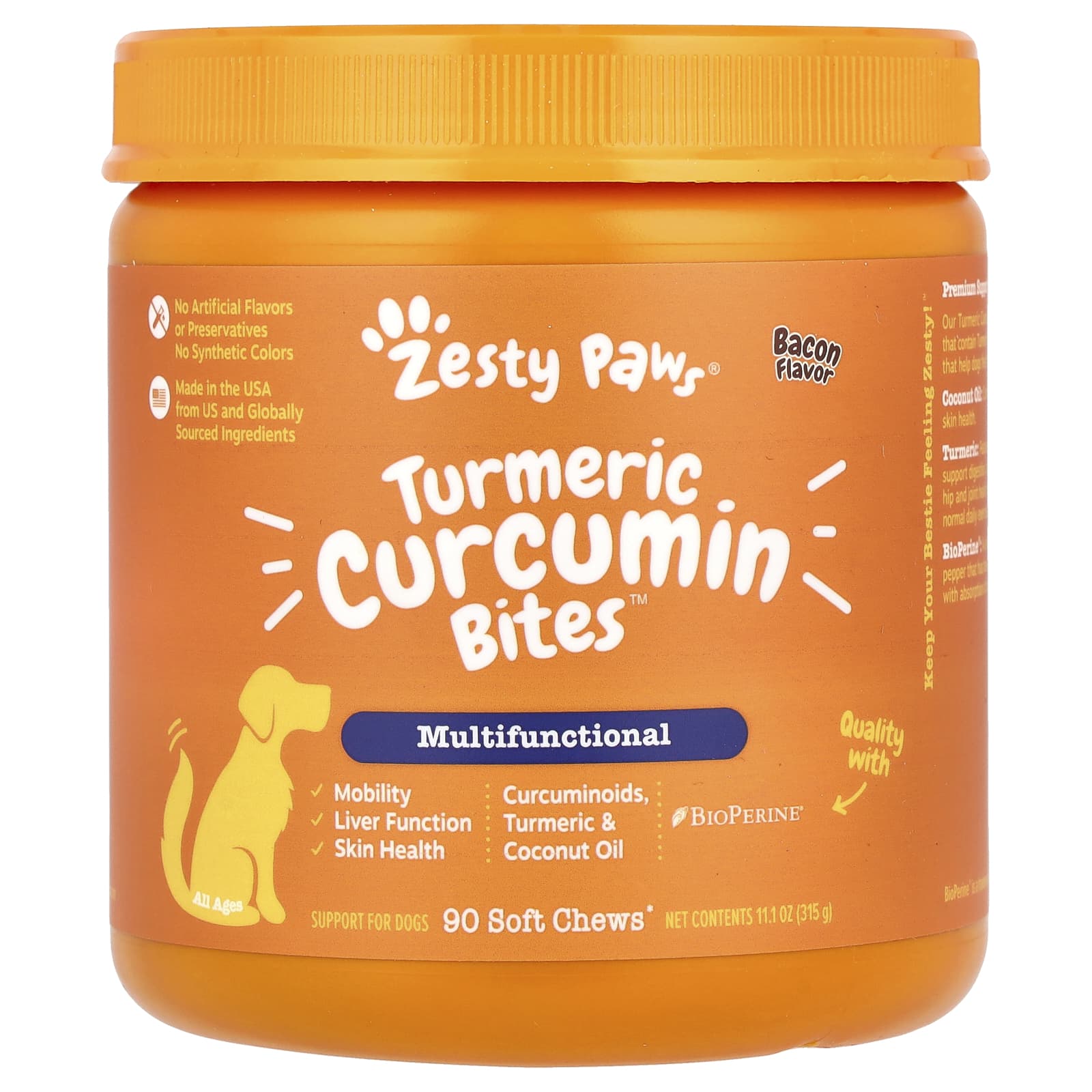 Zesty Paws, Turmeric Curcumin Bites™ for Dogs, Multifunctional, All Ages, Bacon, 90 Soft Chews, 11.1 oz (315 g) - Image 1