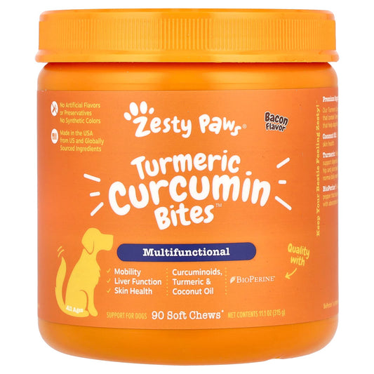 Zesty Paws, Turmeric Curcumin Bites™ for Dogs, Multifunctional, All Ages, Bacon, 90 Soft Chews, 11.1 oz (315 g) - Image 1