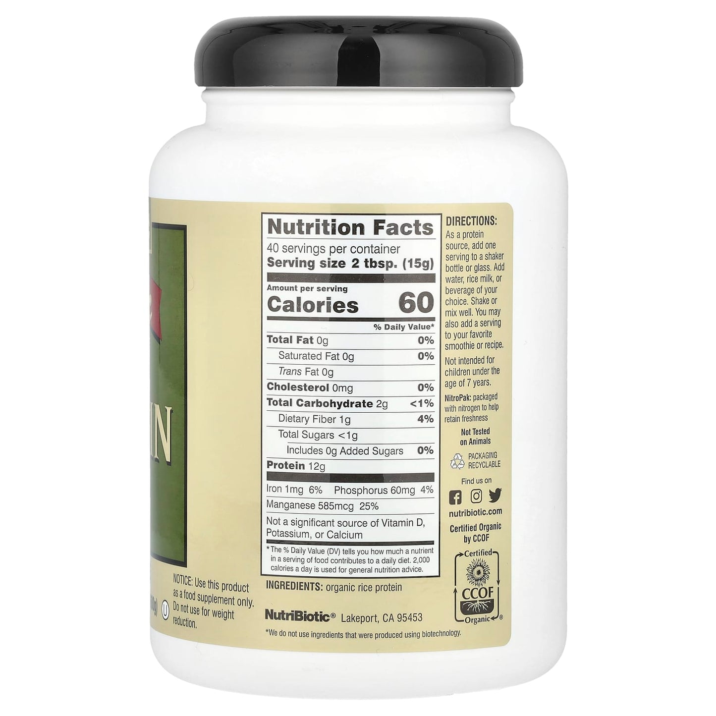NutriBiotic, Organic Rice Protein Powder, Plain, 1 lb 5.16 oz (600 g) - Image 2