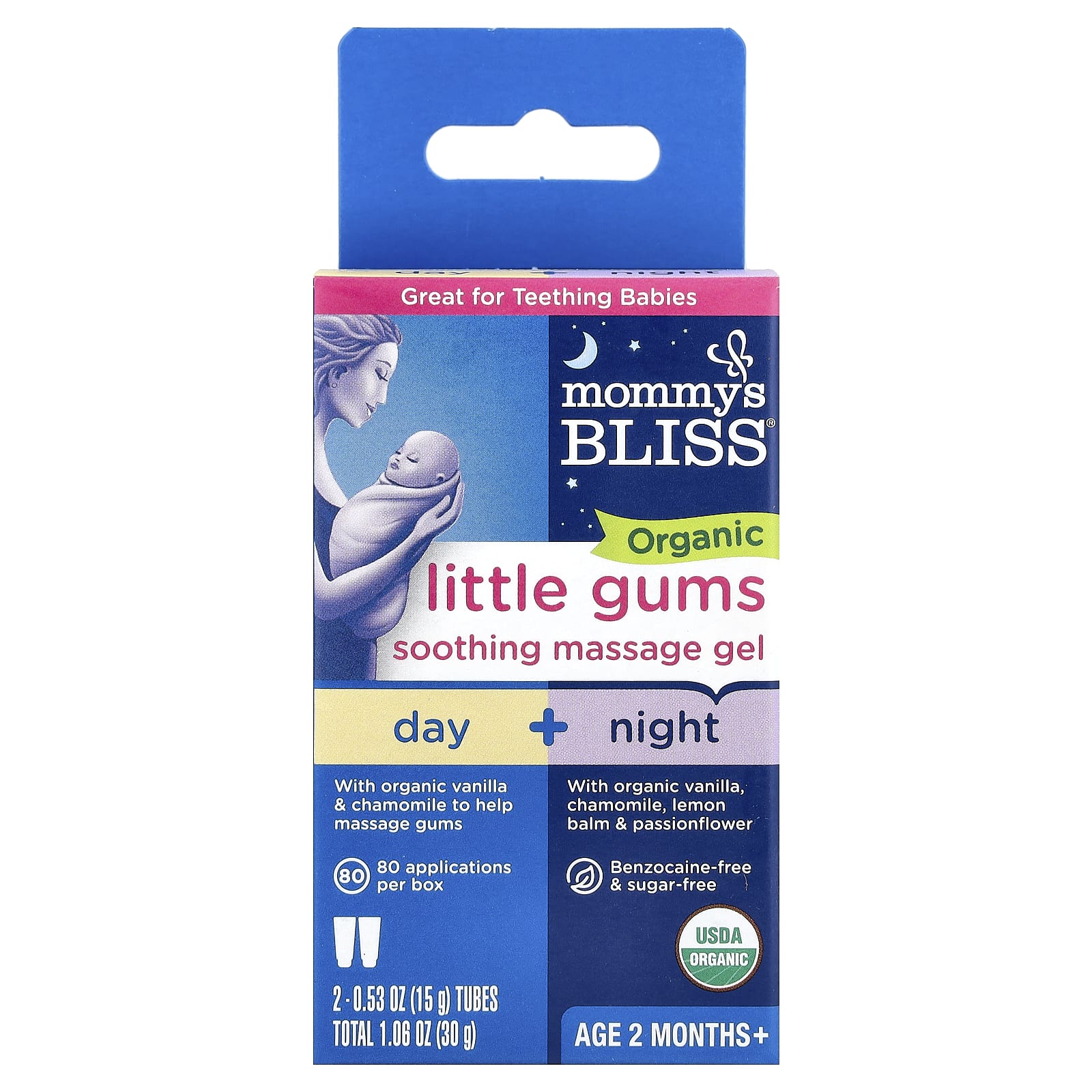 Mommy's Bliss, Organic, Little Gums Soothing Massage Gel, Day/Night Pack, Age 2 Months+, 2 Tubes , 0.53 oz (15 g) Each - Image 1