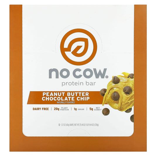 No Cow, Protein Bar, Peanut Butter Chocolate Chip, 12 Bars, 2.12 oz (60 g) Each - Image 1
