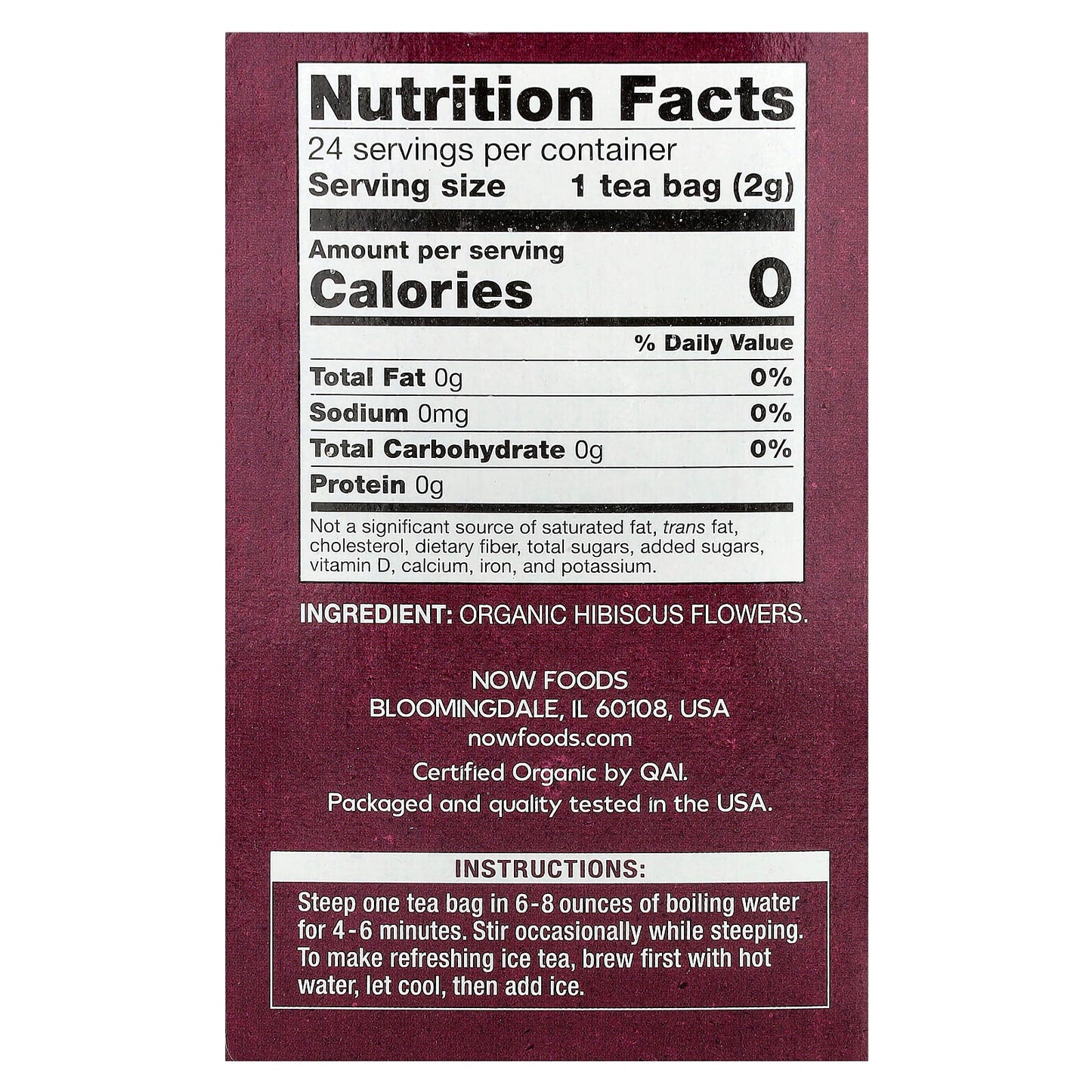 NOW Foods, Organic Hibiscus, Caffeine Free, 24 Tea Bags, 1.7 oz (48 g) - Image 2