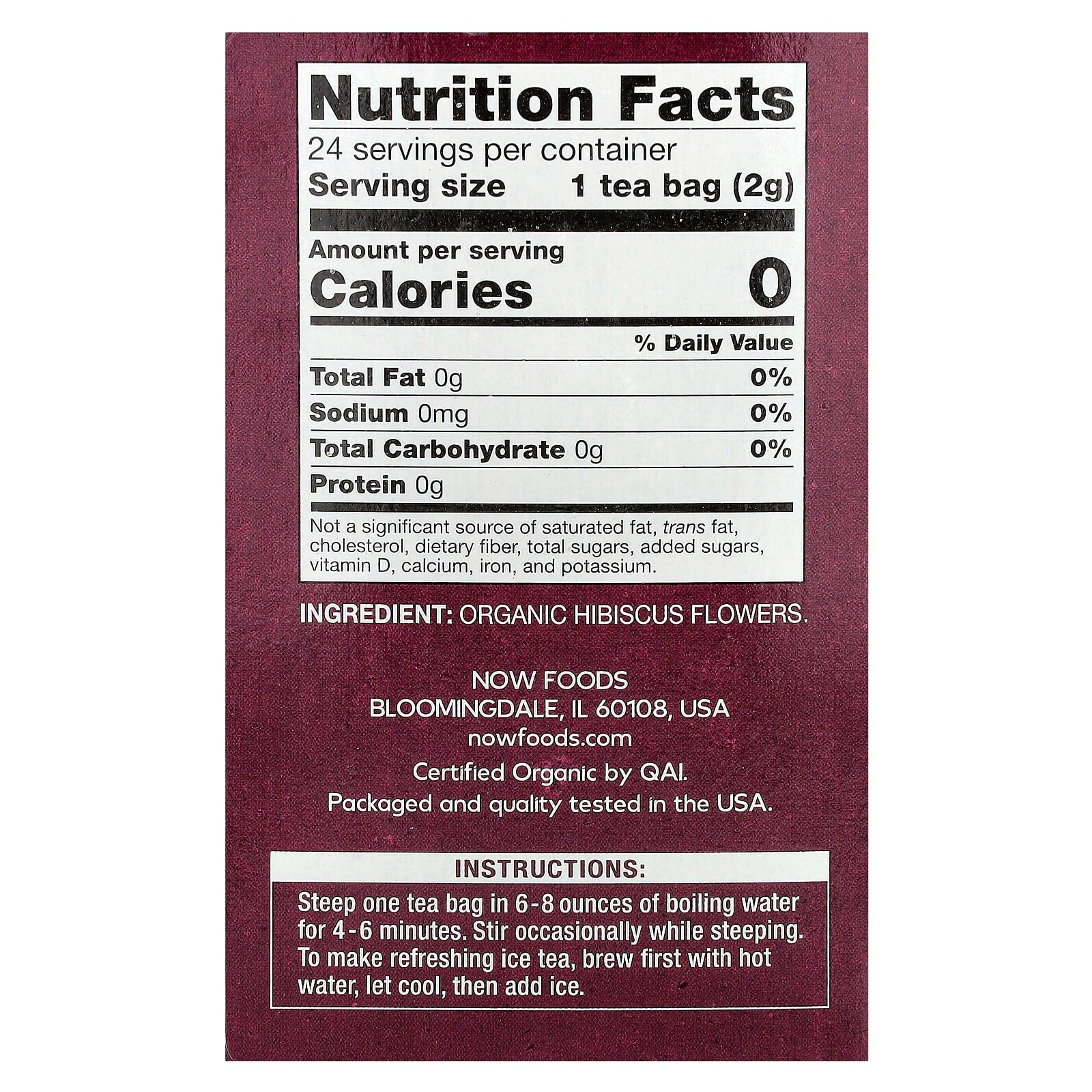 NOW Foods, Organic Hibiscus, Caffeine Free, 24 Tea Bags, 1.7 oz (48 g) - Image 2