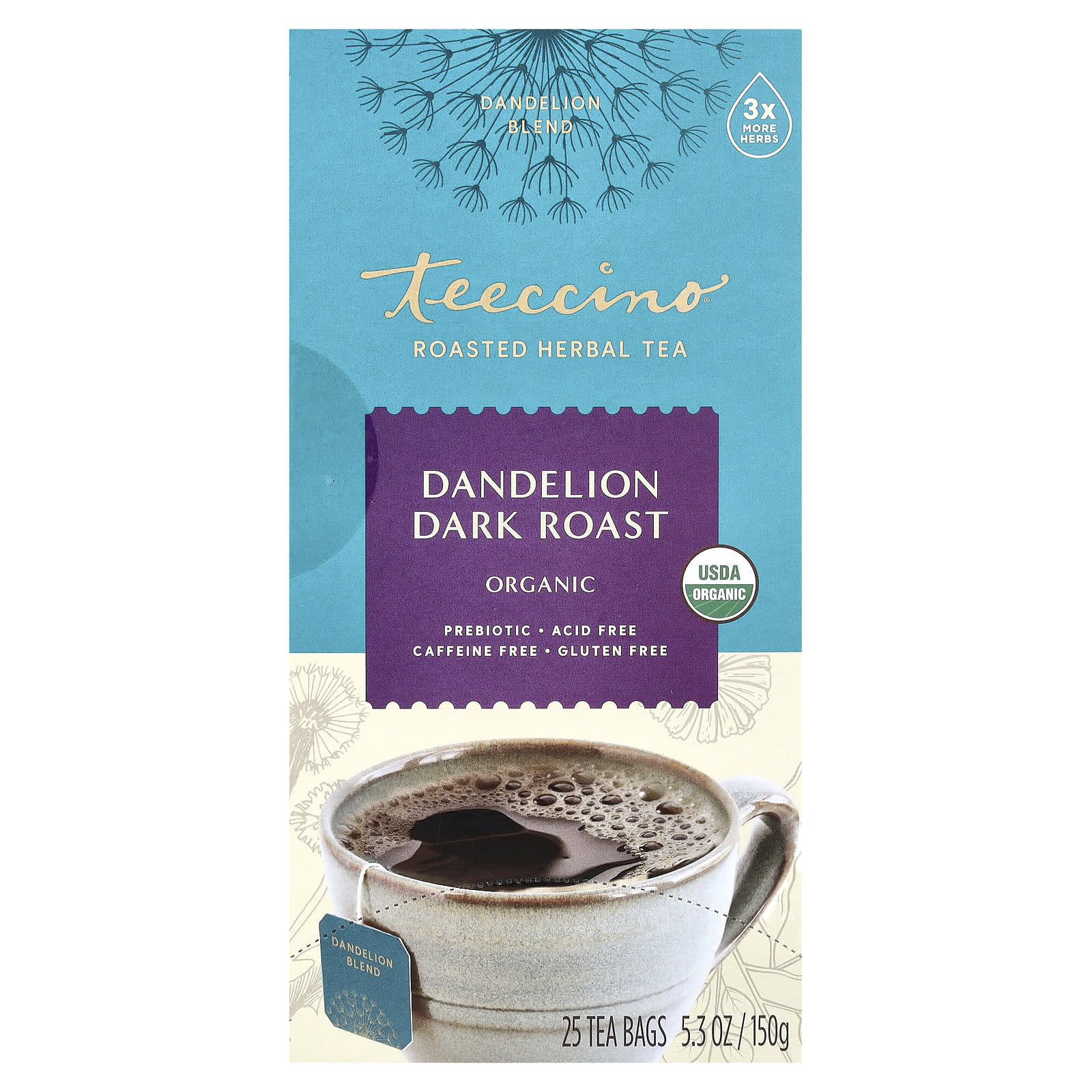 Teeccino, Organic Roasted Herbal Tea, Dandelion Dark Roast, Caffeine Free, 25 Tea Bags, 5.3 oz (150 g) - Image 1