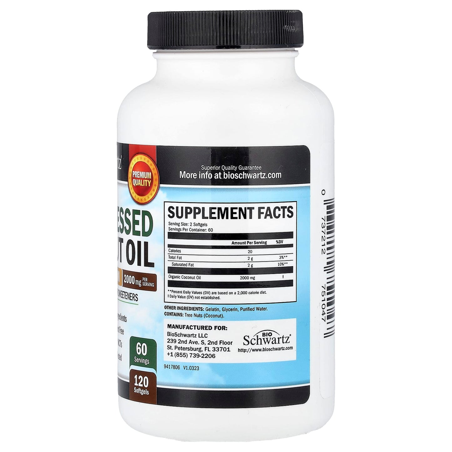 BioSchwartz, Cold Pressed Coconut Oil, Pure Extra Virgin, 120 Softgels (1,000 mg per Softgel)