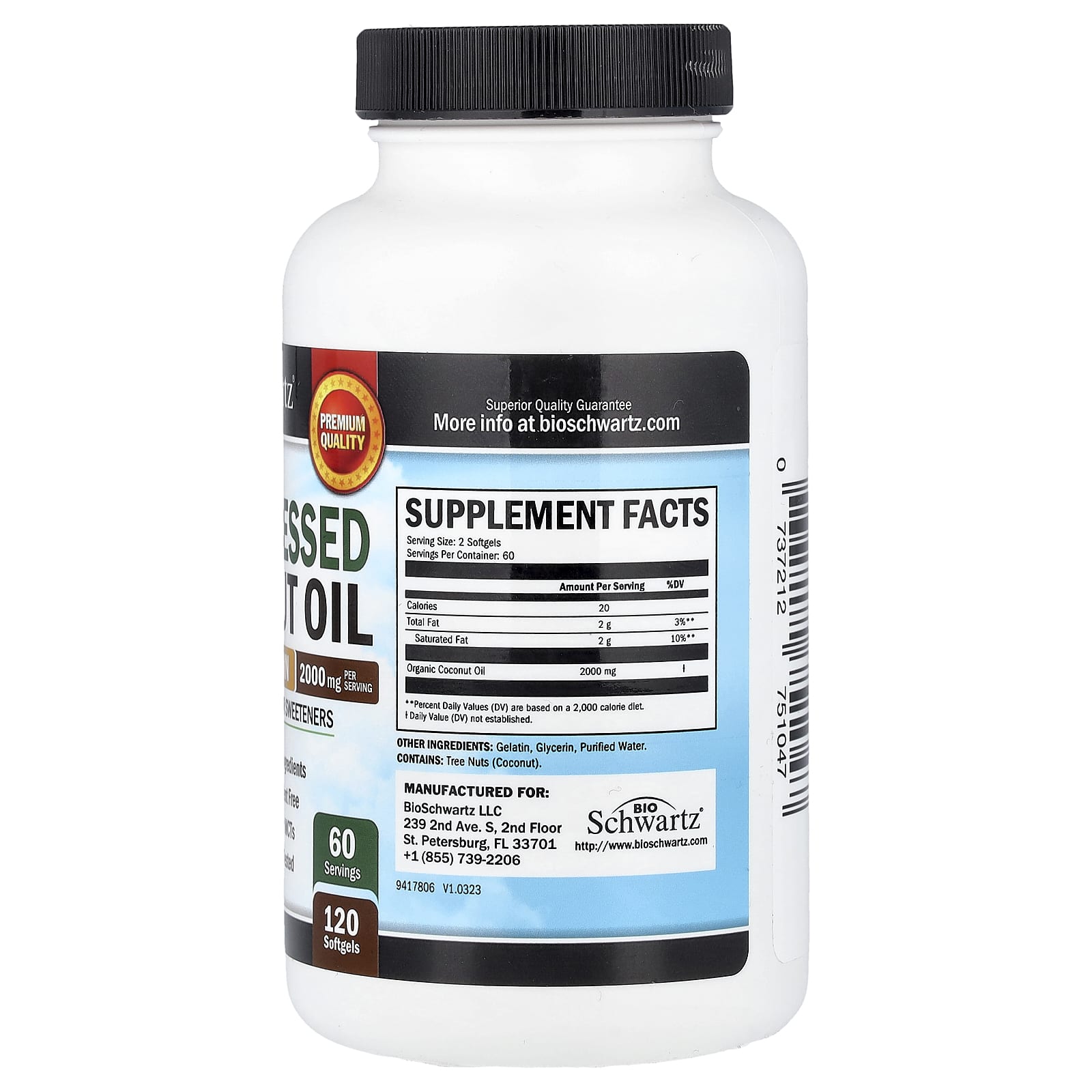 BioSchwartz, Cold Pressed Coconut Oil, Pure Extra Virgin, 120 Softgels (1,000 mg per Softgel)