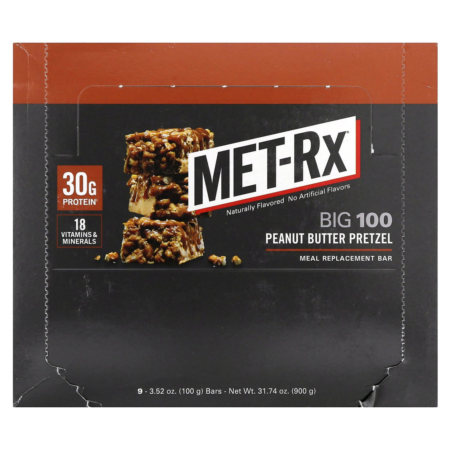 MET-Rx, Big 100, Meal Replacement Bar, Peanut Butter Pretzel, 9 Bars, 3.52 oz (100 g) Each - Image 1
