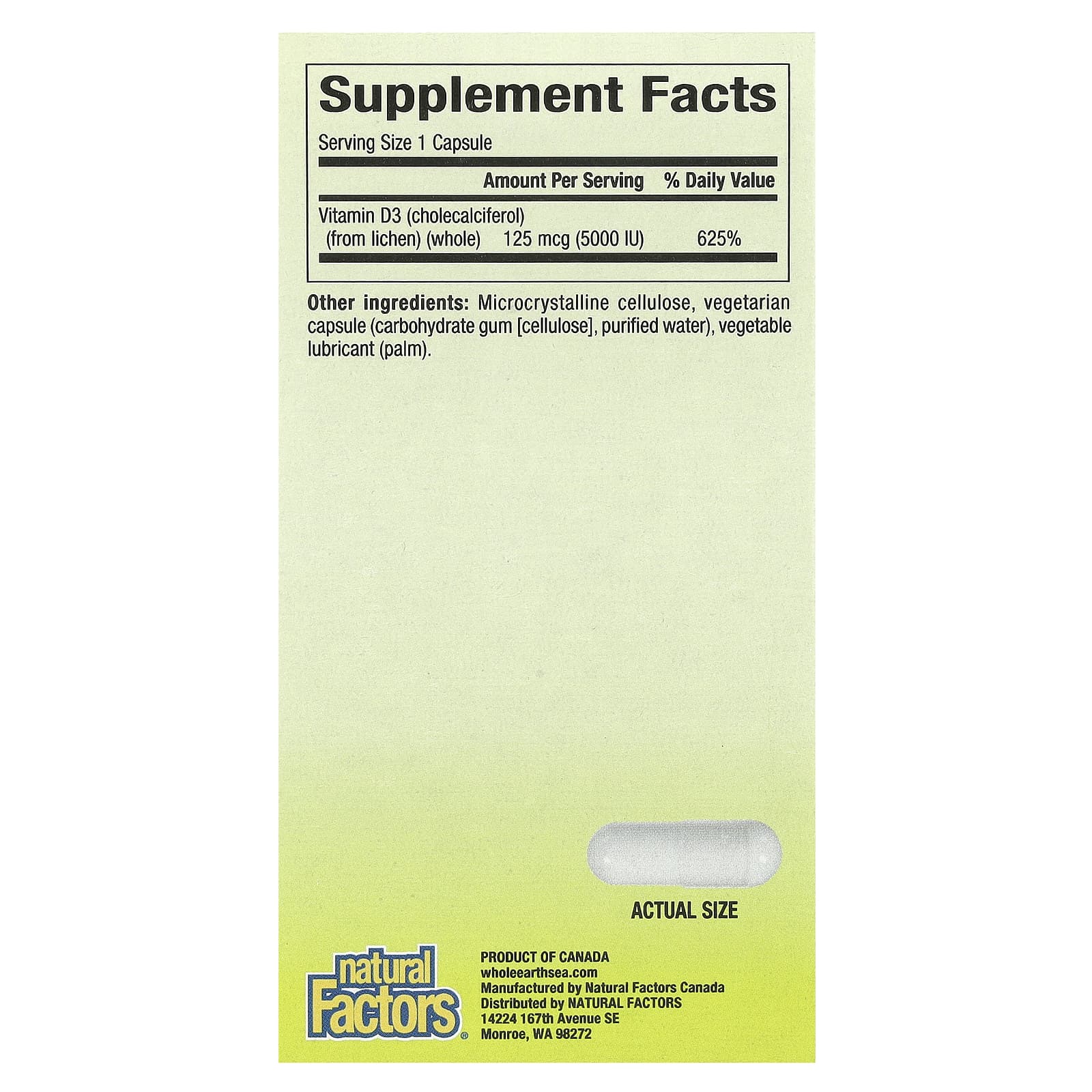 Natural Factors, Whole Earth & Sea®, Vegan Bioenhanced Vitamin D3, 125 mcg (5,000 IU), 60 Vegetarian Capsules - Image 2