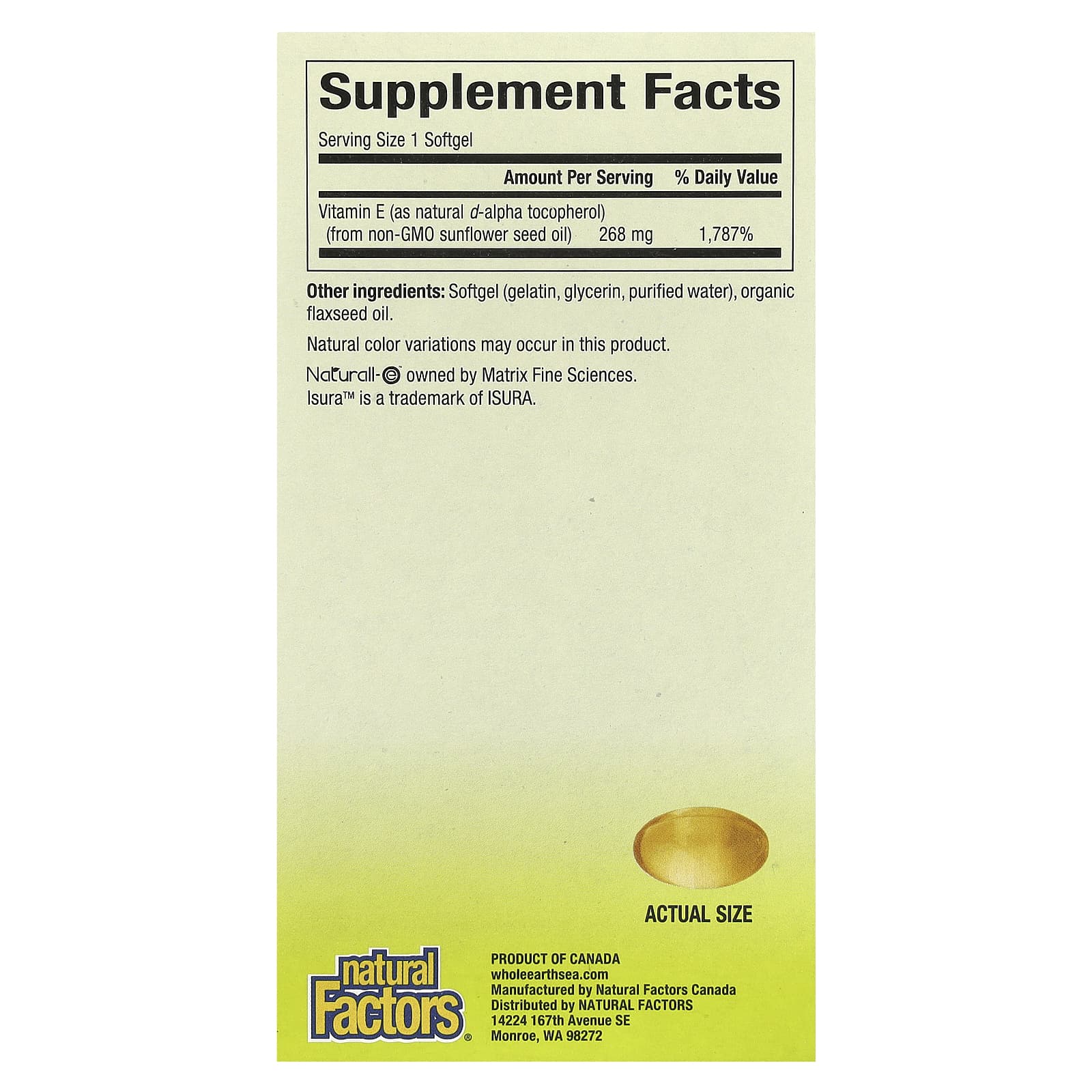 Natural Factors, Whole Earth & Sea®, Pure Food, Sunflower Vitamin E, 268 mg, 90 Softgels
