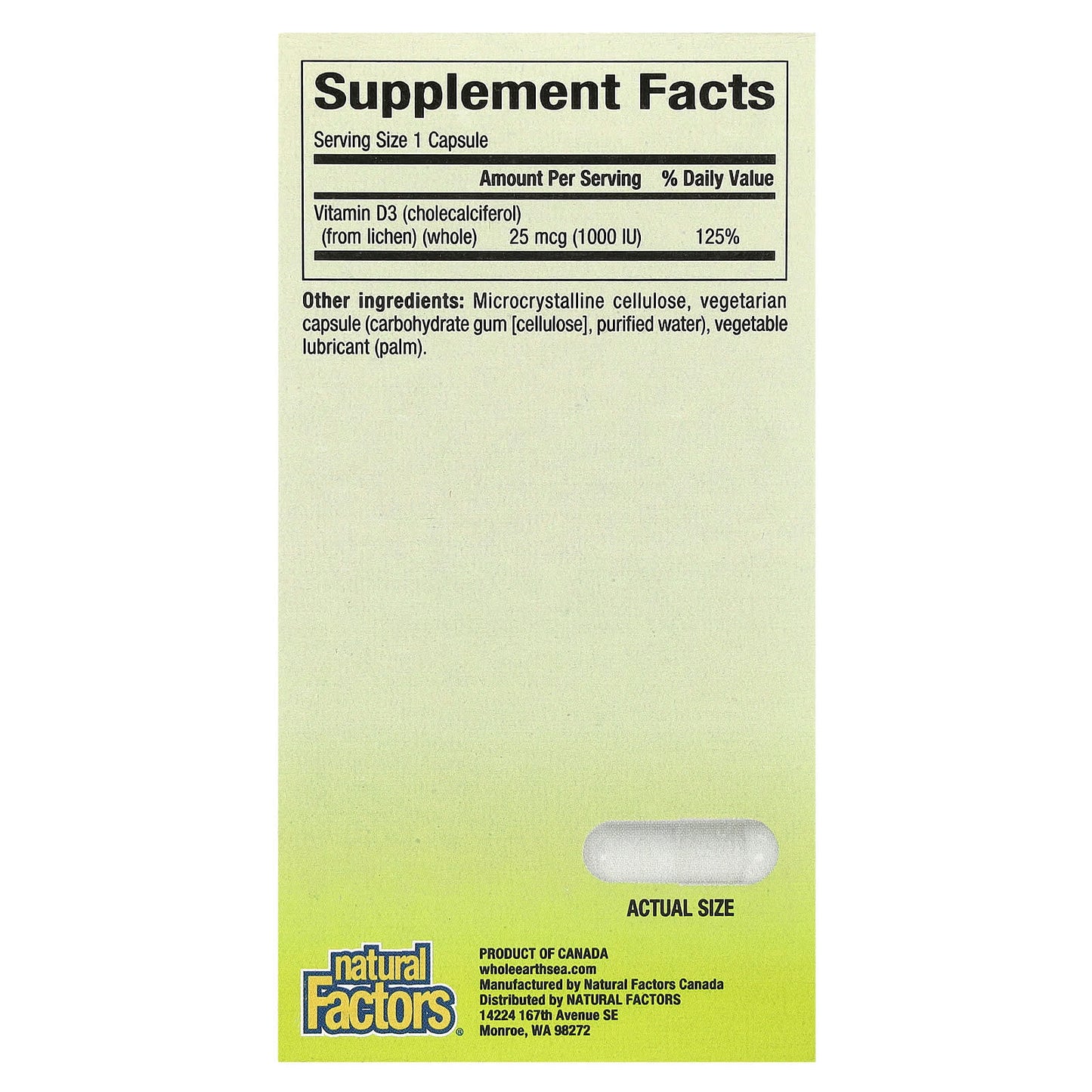 Natural Factors, Whole Earth & Sea, Vegan Bioenhanced Vitamin D3, 25 mcg (1,000 IU), 90 Vegetarian Capsules - Image 2