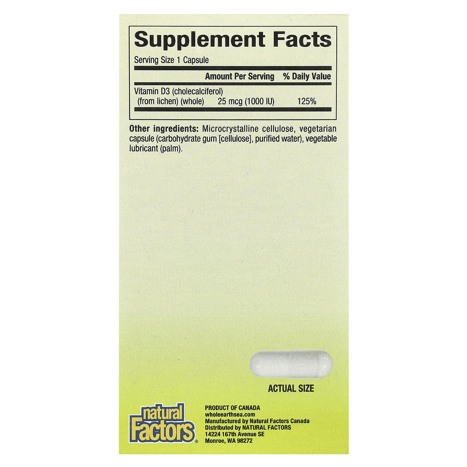 Natural Factors, Whole Earth & Sea, Vegan Bioenhanced Vitamin D3, 25 mcg (1,000 IU), 90 Vegetarian Capsules - Image 2