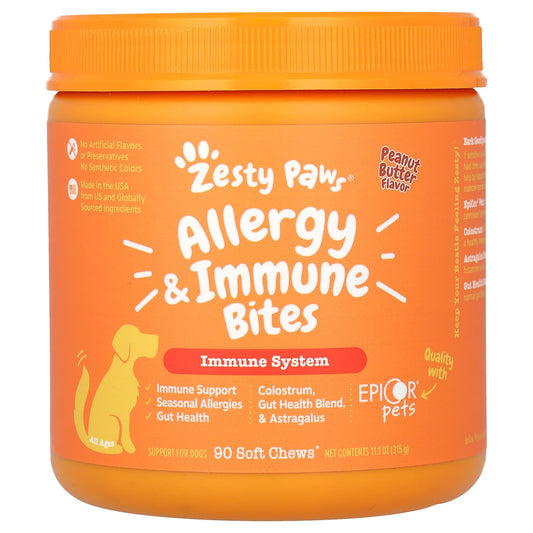 Zesty Paws, Allergy & Immune Bites, For Dogs, All Ages, Peanut Butter, 90 Soft Chews, 11.1 oz (315 g) - Image 1