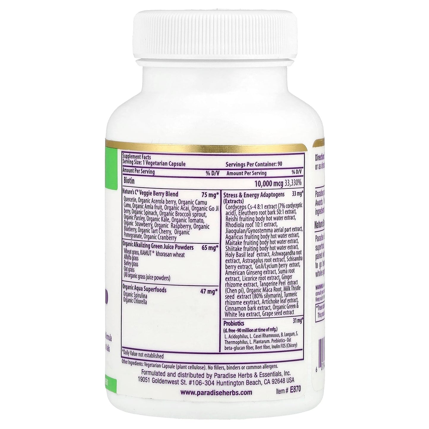 Paradise Herbs, Earth's Blend®, Biotin, 10,000 mcg, 90 Vegetarian Capsules - Image 2