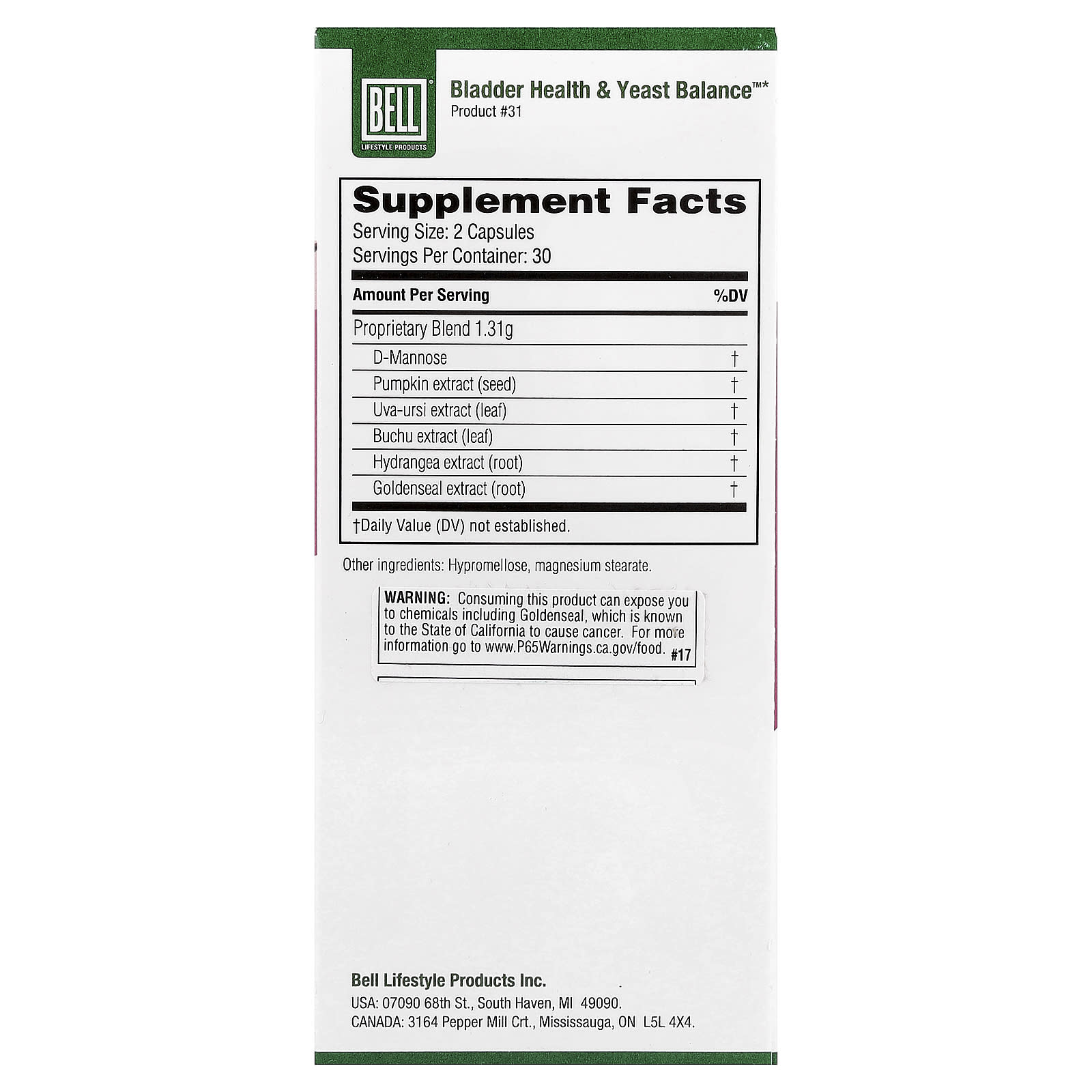 Bell Lifestyle Bladder Health & Yeast Balance Support Supplement - 60 Capsules - Image 2