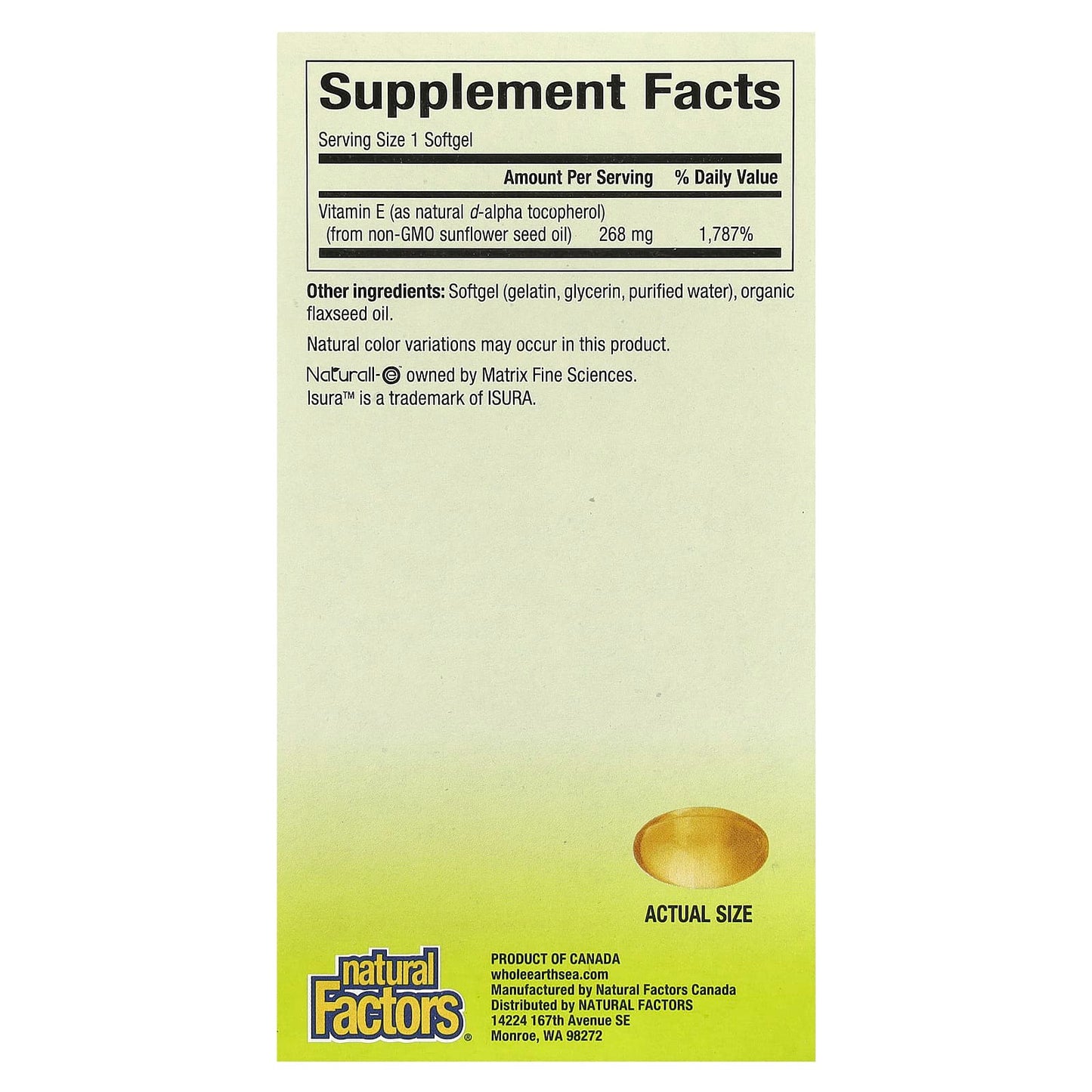 Natural Factors, Whole Earth & Sea®, Pure Food, Sunflower Vitamin E, 268 mg, 90 Softgels - Image 2