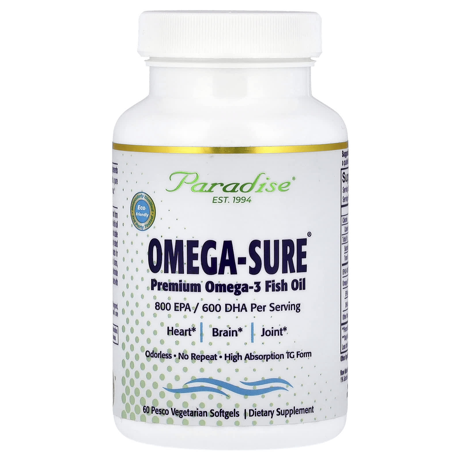 Paradise Herbs, Omega-Sure®, Premium Omega-3 Fish Oil, 60 Pesco Vegetarian Softgels - Image 1