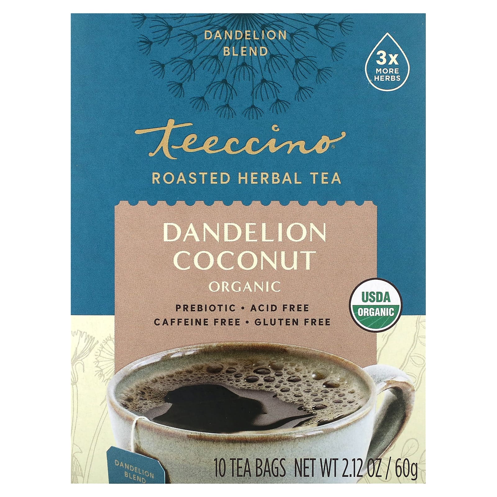 Teeccino, Organic Roasted Herbal Tea, Dandelion Coconut, Caffeine Free, 10 Tea Bags, 2.12 oz (60 g) - Image 1