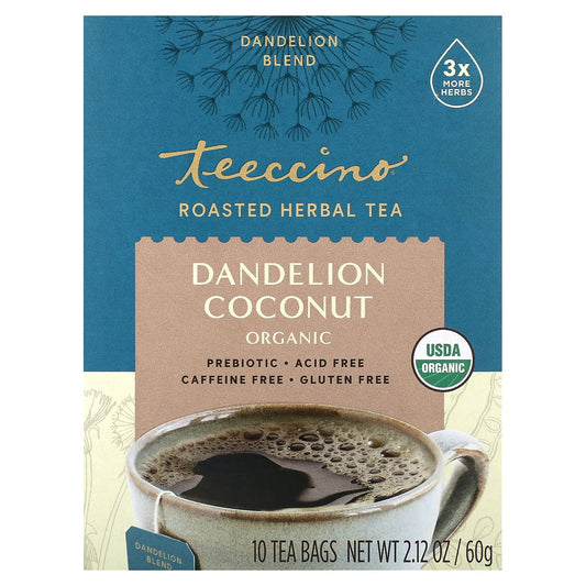 Teeccino, Organic Roasted Herbal Tea, Dandelion Coconut, Caffeine Free, 10 Tea Bags, 2.12 oz (60 g) - Image 1