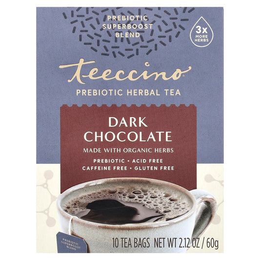 Teeccino, Prebiotic Herbal Tea, Dark Chocolate, Caffeine Free, 10 Tea Bags, 2.12 oz (60 g) - Image 1