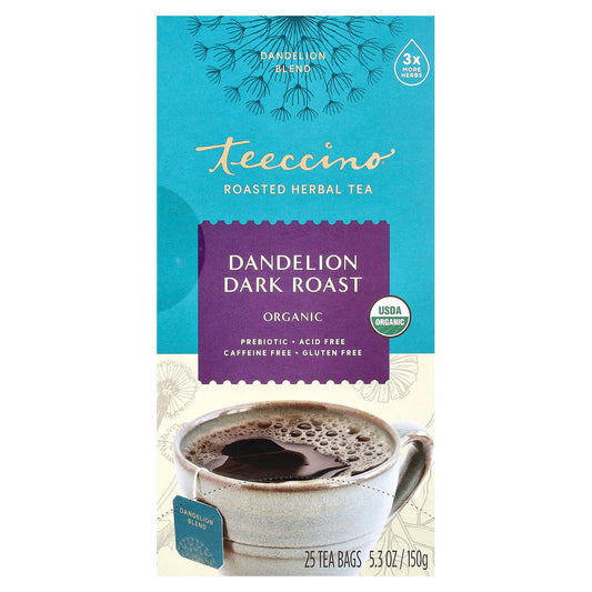 Teeccino, Organic Roasted Herbal Tea, Dandelion Dark Roast, Caffeine Free, 25 Tea Bags, 5.3 oz (150 g) - Image 1