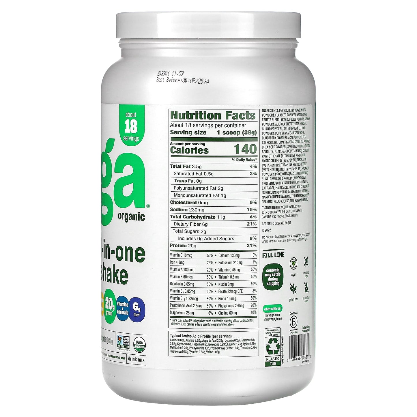 Vega, Organic, All-In-One Shake, Berry, 24.3 oz (688 g) - Image 2