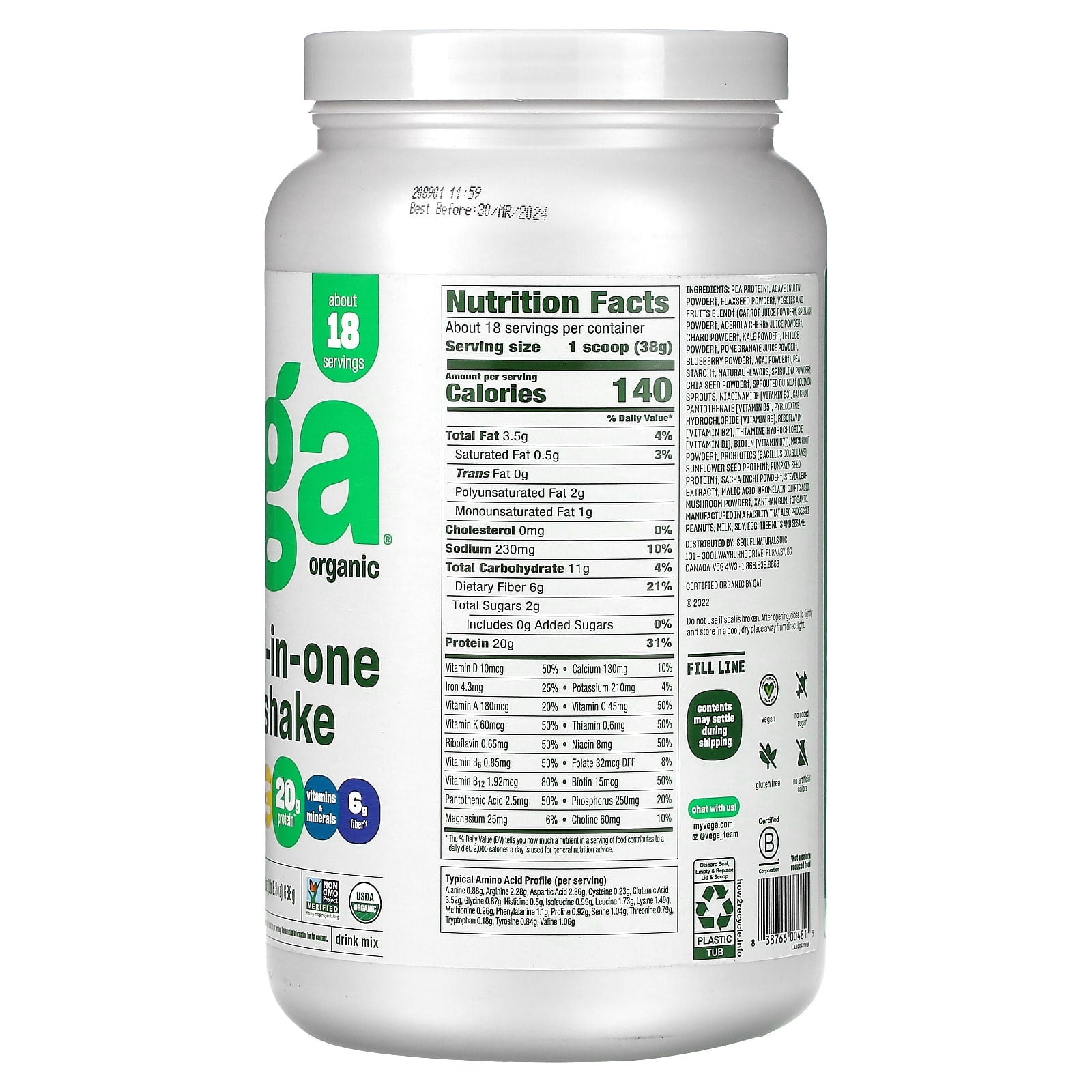 Vega, Organic, All-In-One Shake, Berry, 24.3 oz (688 g) - Image 2