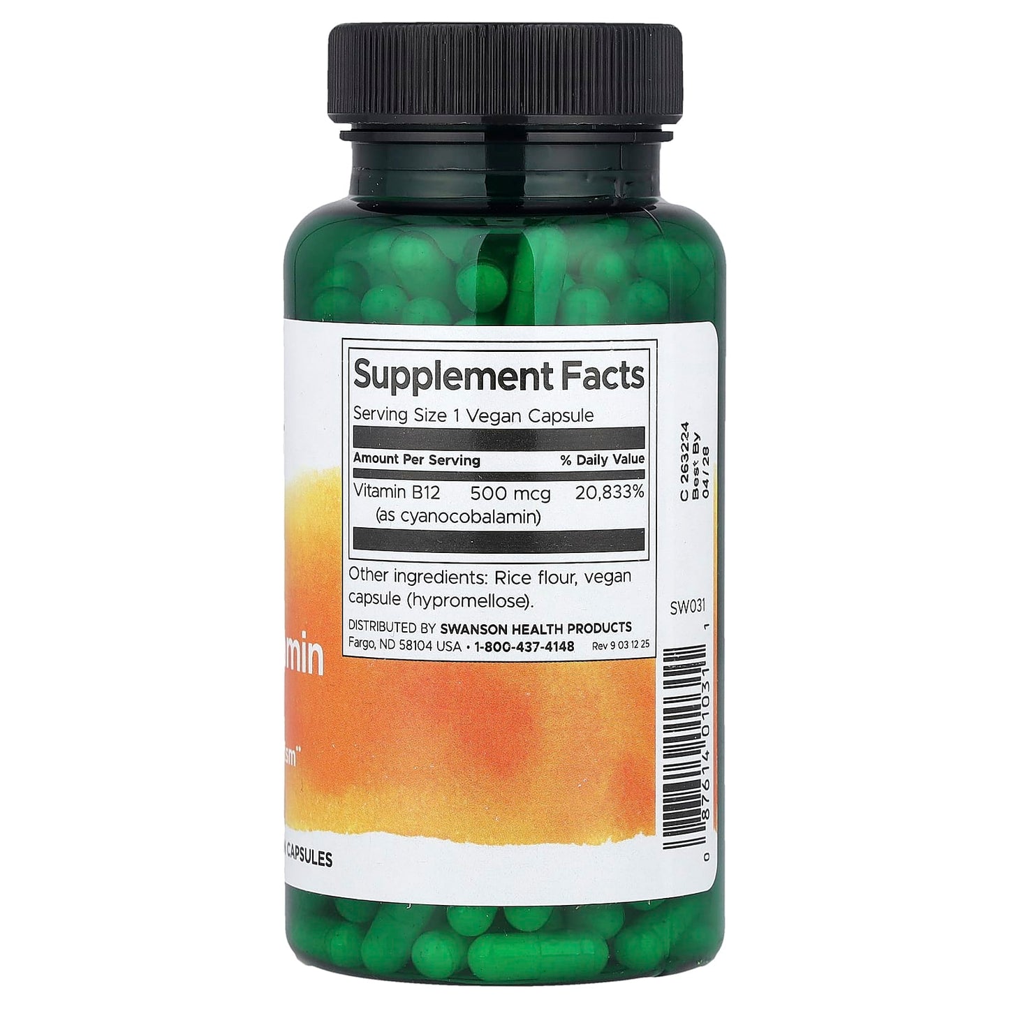 Swanson, Vitamin B12, (Cyanocobalamin), 500 mcg, 250 Vegan Capsules - Image 2