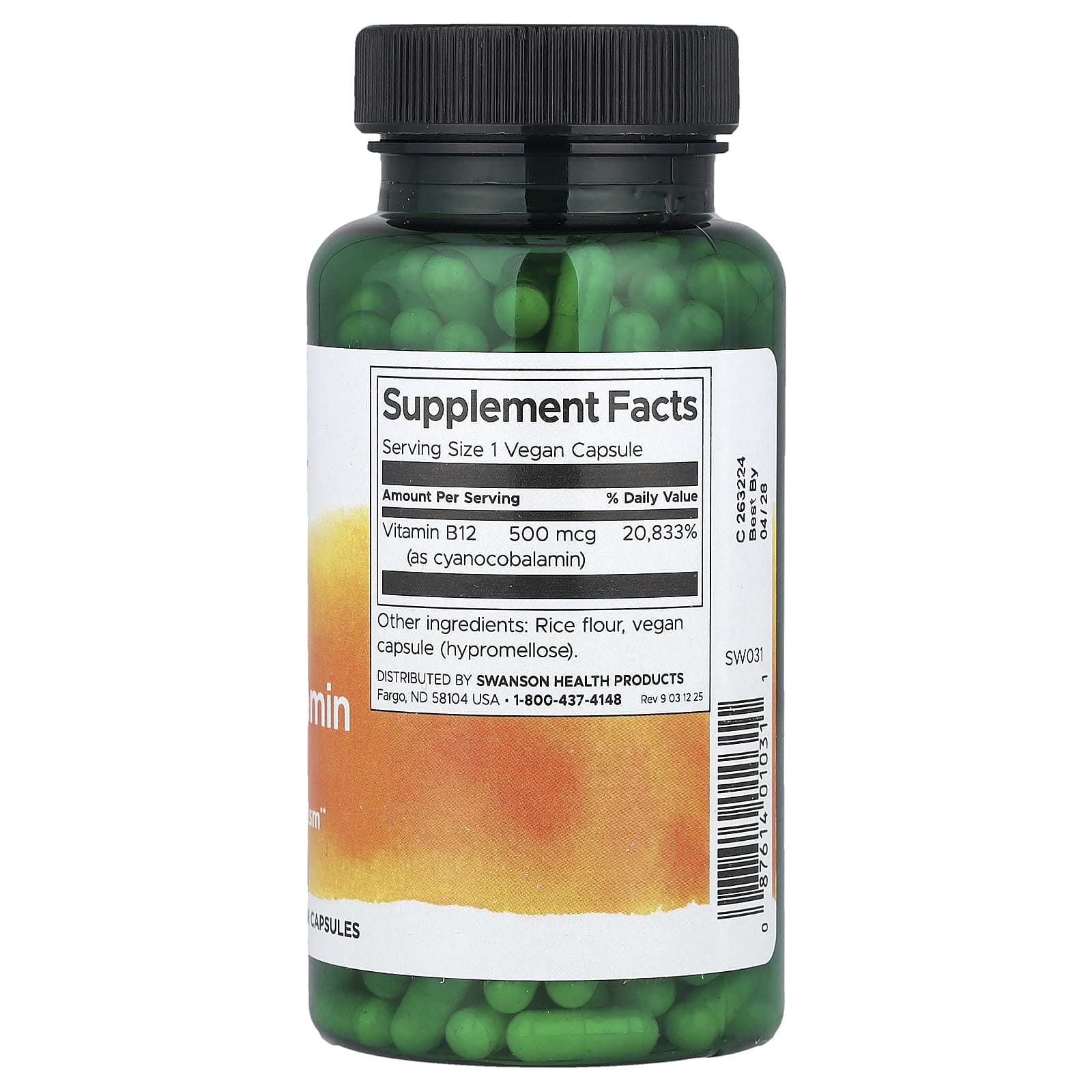 Swanson, Vitamin B12, (Cyanocobalamin), 500 mcg, 250 Vegan Capsules - Image 2