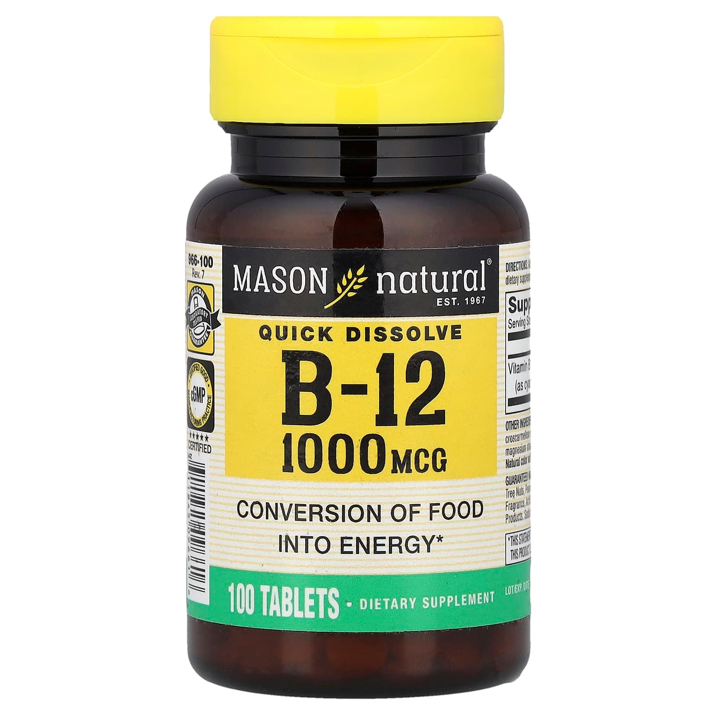 Mason Natural, Quick Dissolve, Vitamin B-12, 1,000 mcg, 100 Tablets - Image 1