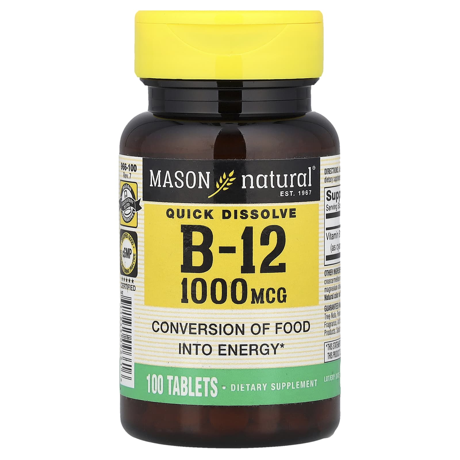 Mason Natural, Quick Dissolve, Vitamin B-12, 1,000 mcg, 100 Tablets - Image 1