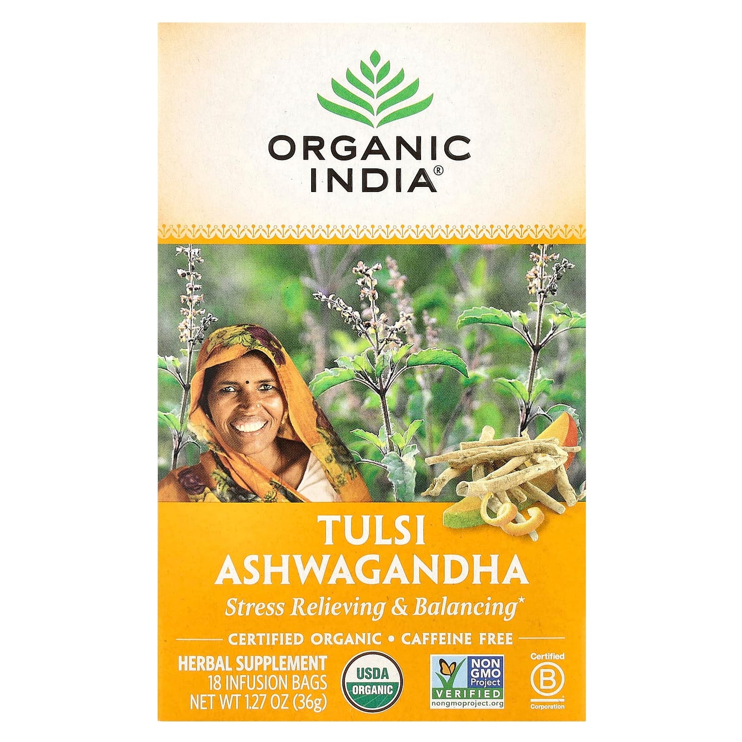 Organic India, Tulsi Tea, Ashwagandha, Caffeine Free, 18 Infusion Bags, 1.27 oz (36 g) - Image 1