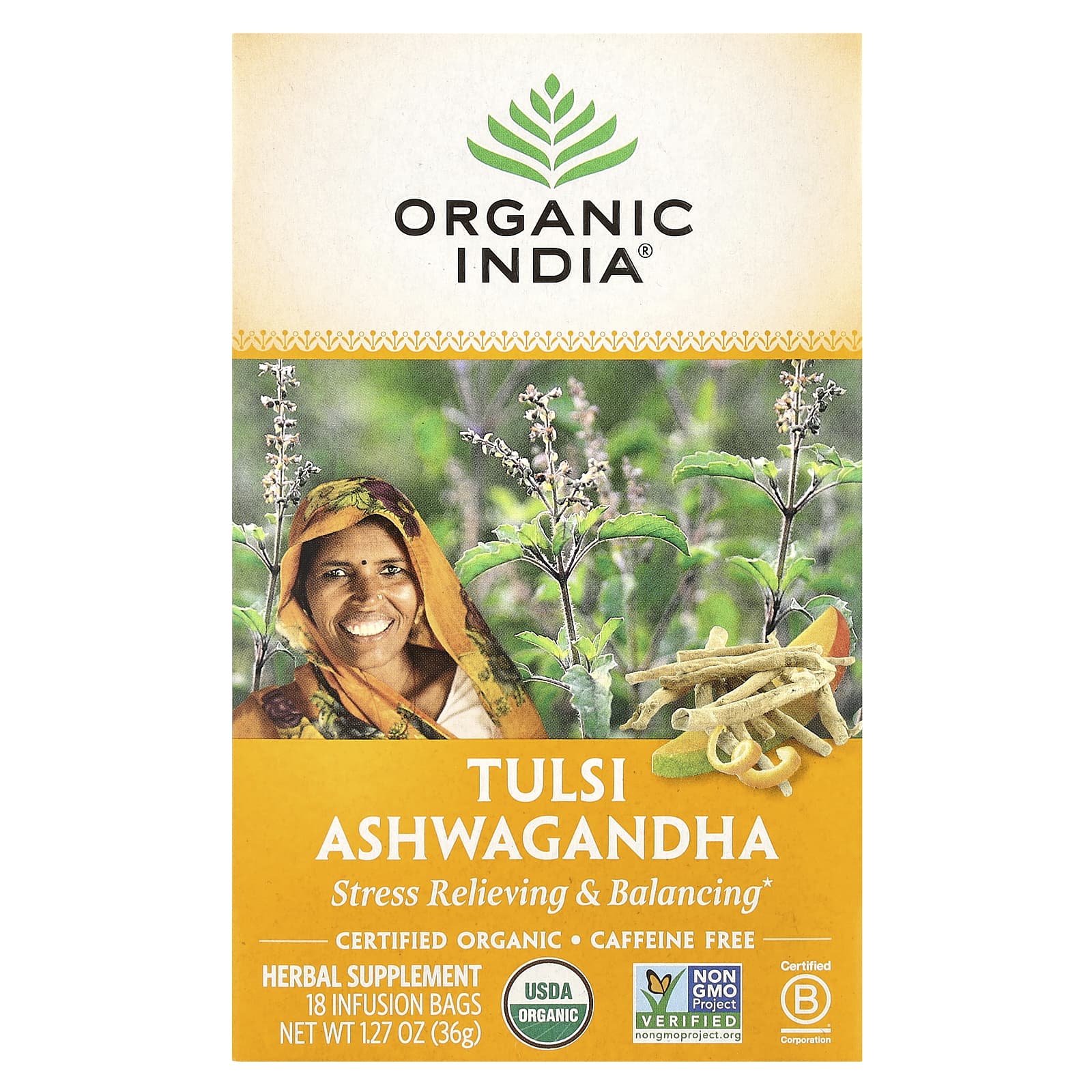 Organic India, Tulsi Tea, Ashwagandha, Caffeine Free, 18 Infusion Bags, 1.27 oz (36 g) - Image 1