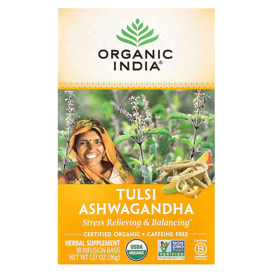 Organic India, Tulsi Tea, Ashwagandha, Caffeine Free, 18 Infusion Bags, 1.27 oz (36 g) - Image 1