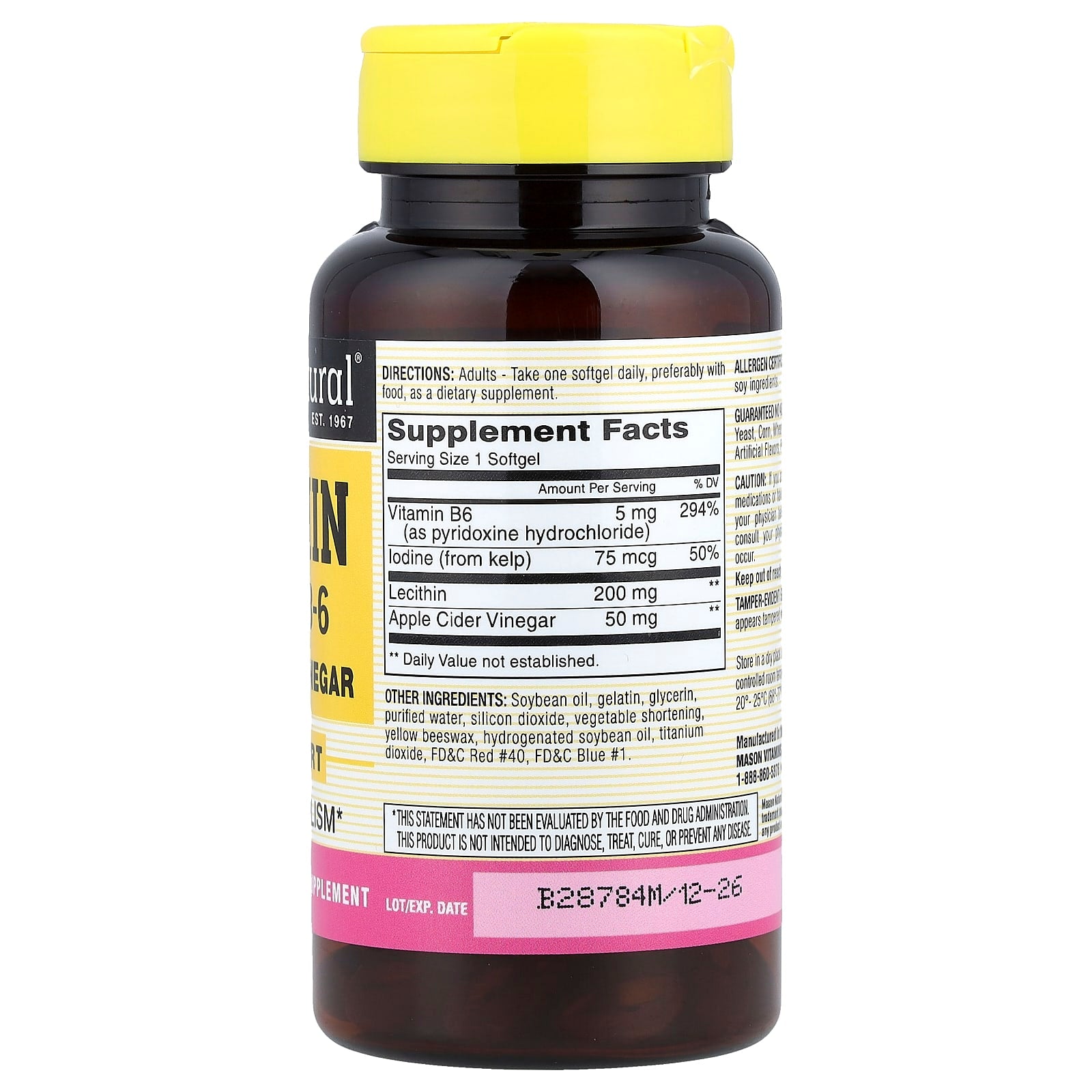 Mason Natural, Lecithin with Kelp/B-6 + Apple Cider Vinegar, 100 Softgels - Image 2