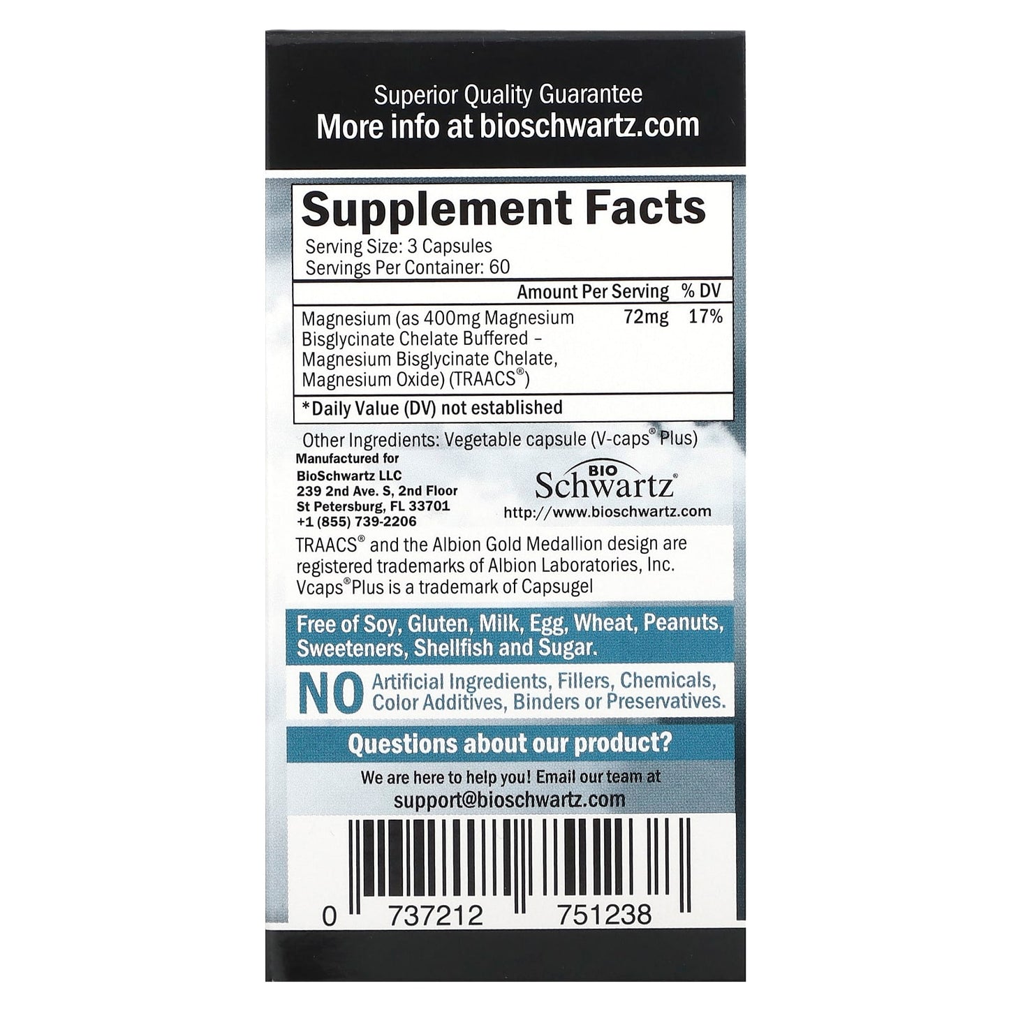 BioSchwartz Maximum Absorption Magnesium Bisglycinate, 180 Veggie Caps - Image 2