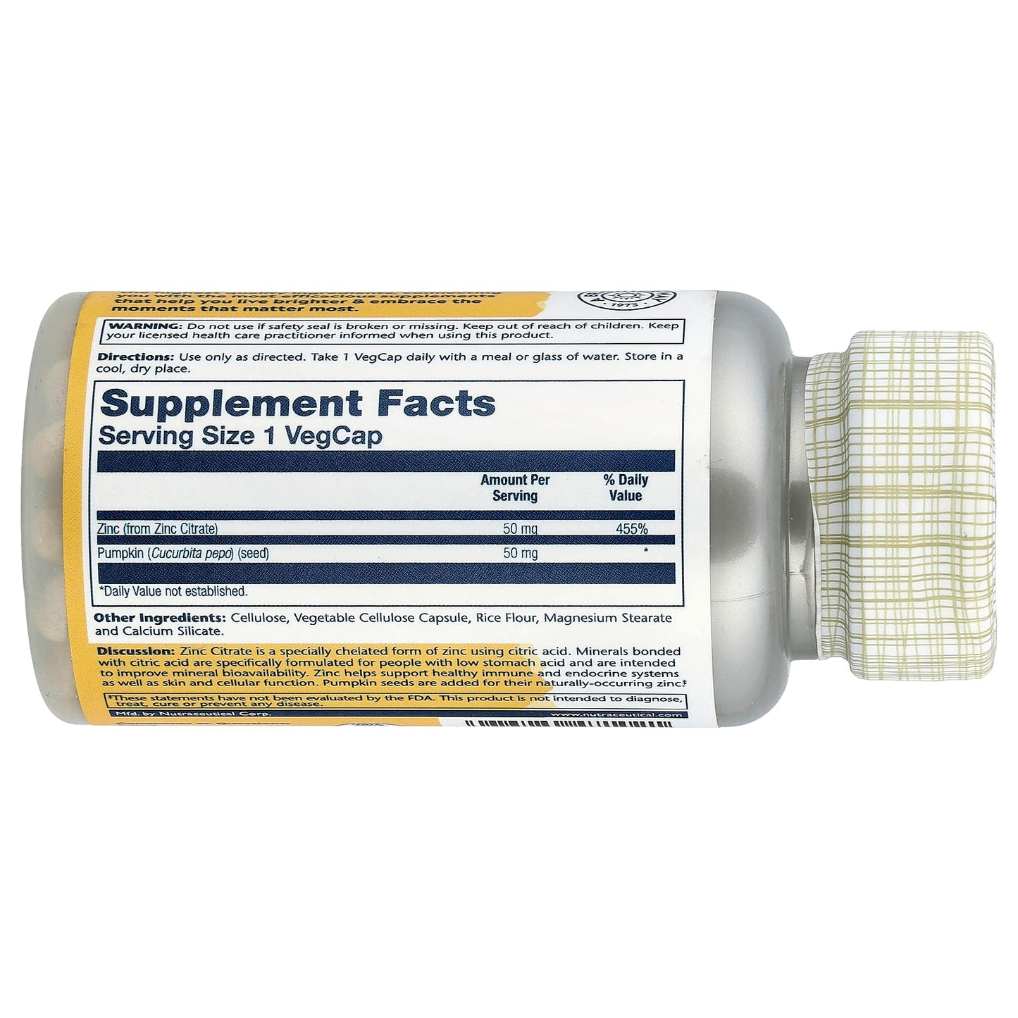Solaray, Zinc Citrate with Pumpkin Seed, 60 VegCaps - Image 2